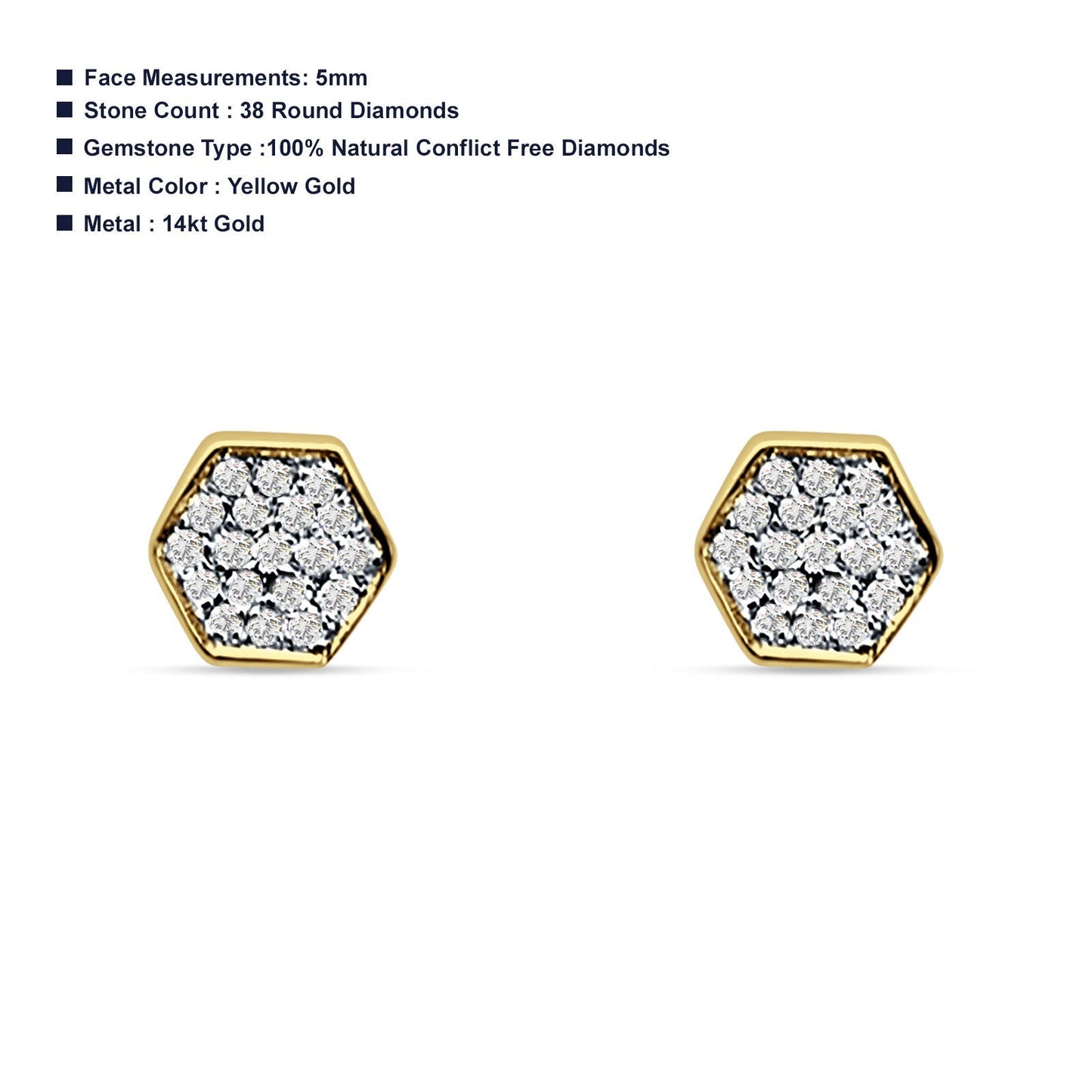 Diamond Stud Earrings Minimalist Hexagon Cluster 14K Yellow Gold 0.06ct Wholesale