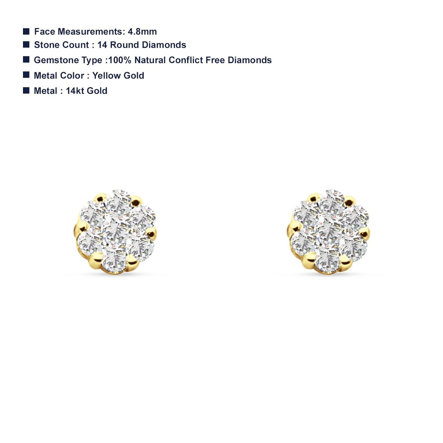 Diamond Flower Stud Earrings Round 14K Yellow Gold 0.25ct Wholesale