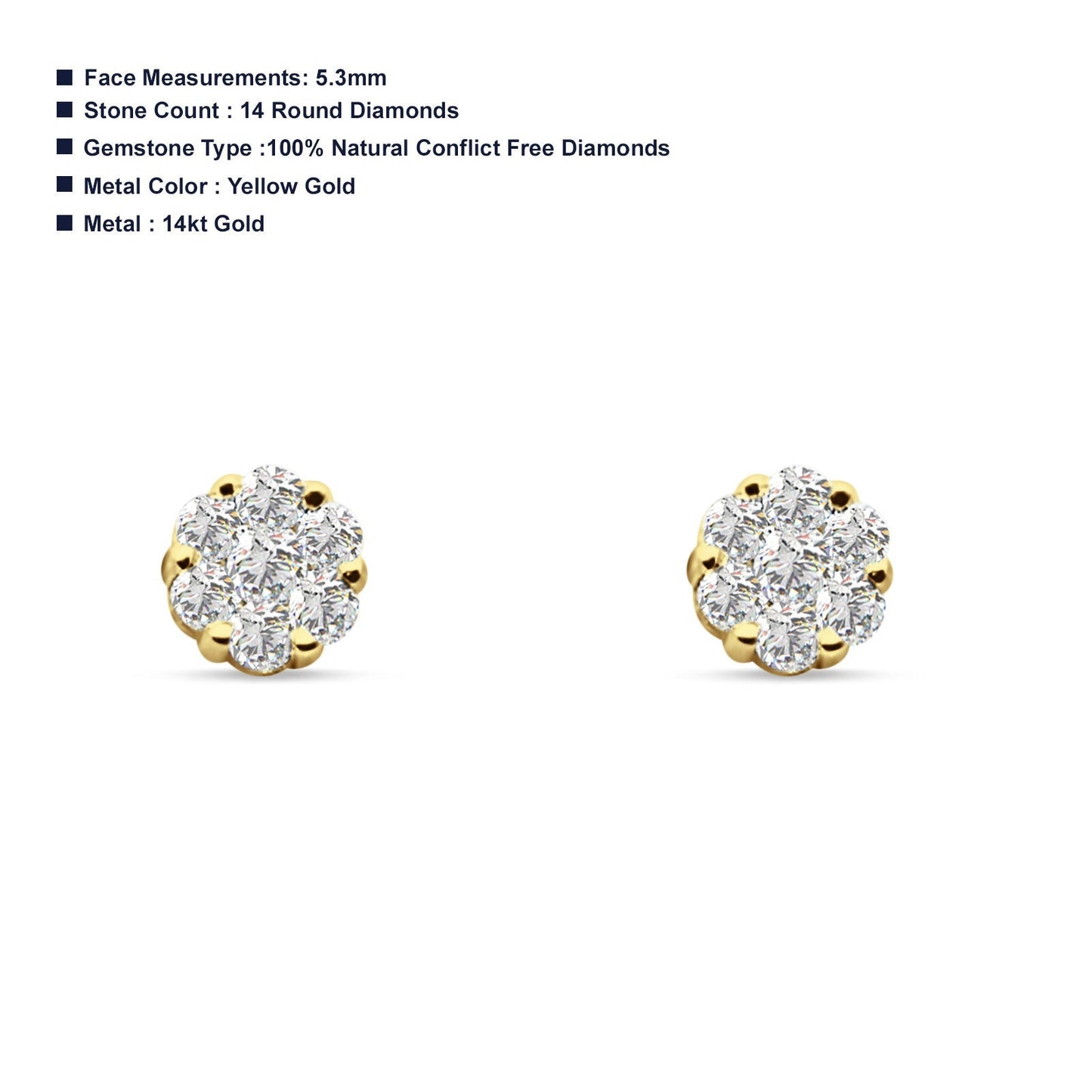 Diamond Flower Cluster Stud Earrings 14K Yellow Gold 0.38ct Wholesale