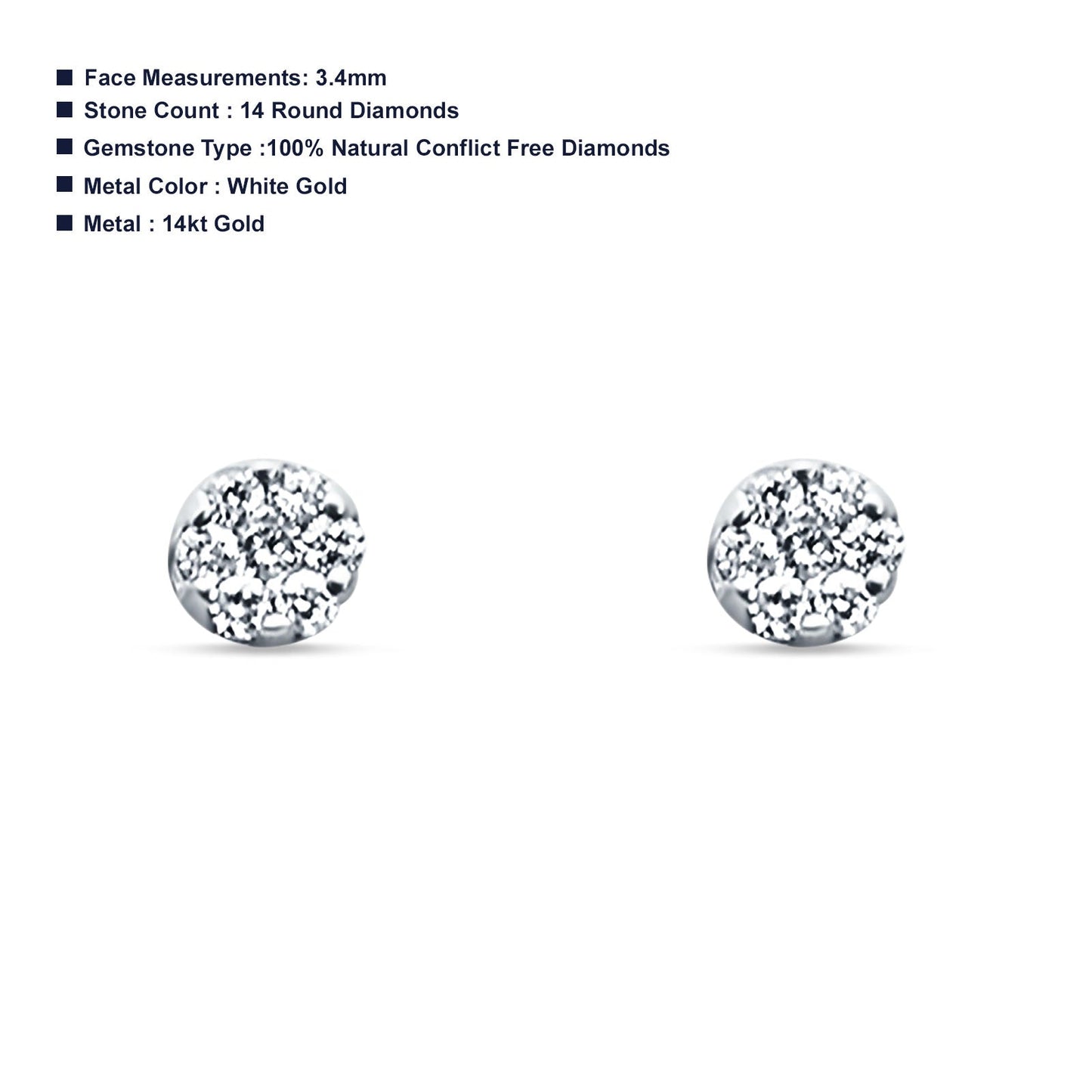 Solid 14K White Gold 3.4mm Round Diamond Stud Earrings Push Back Lovely Earring Wholesale