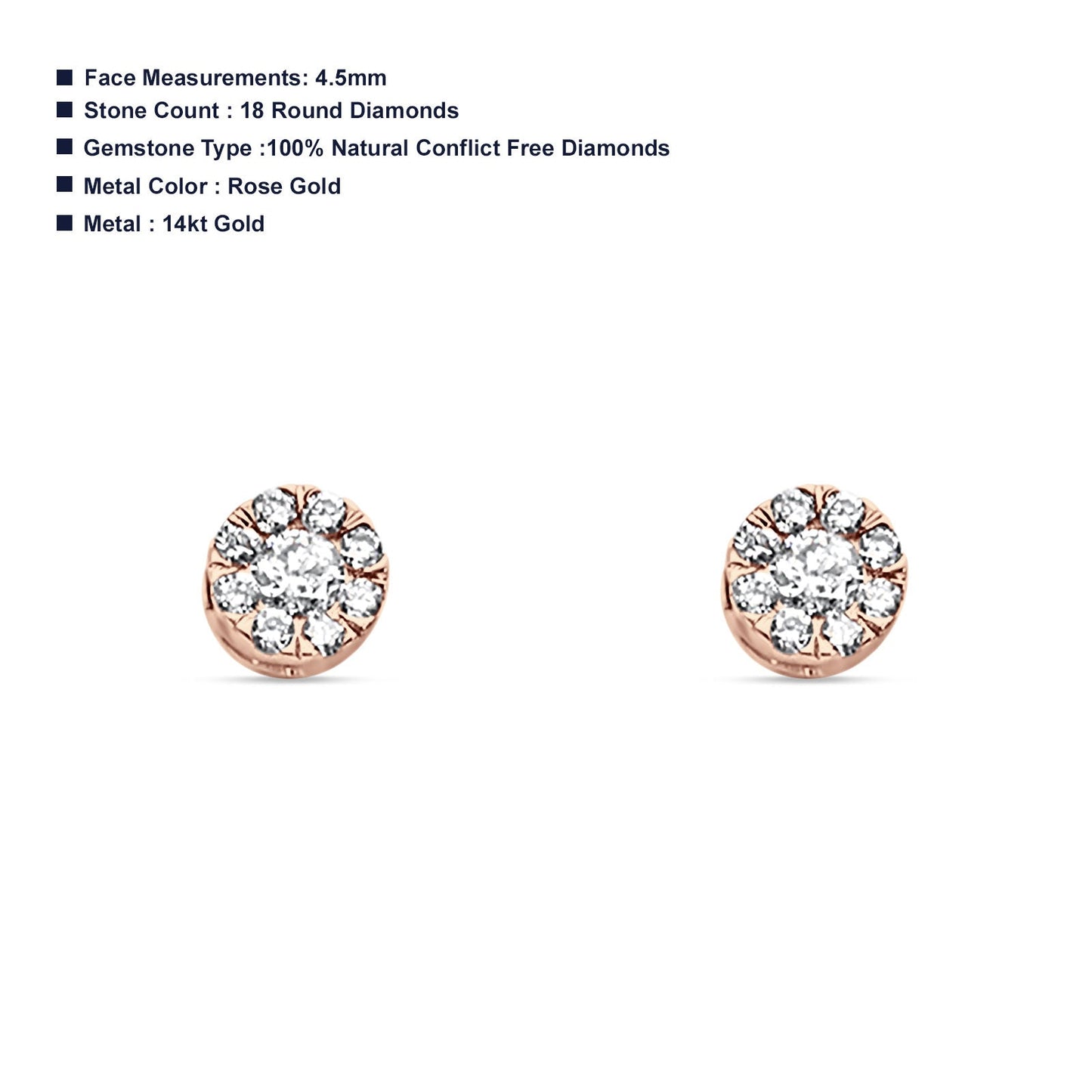 Solid 14K Rose Gold 4.5mm Flower Round Diamond Push Back Stud Earrings Wholesale