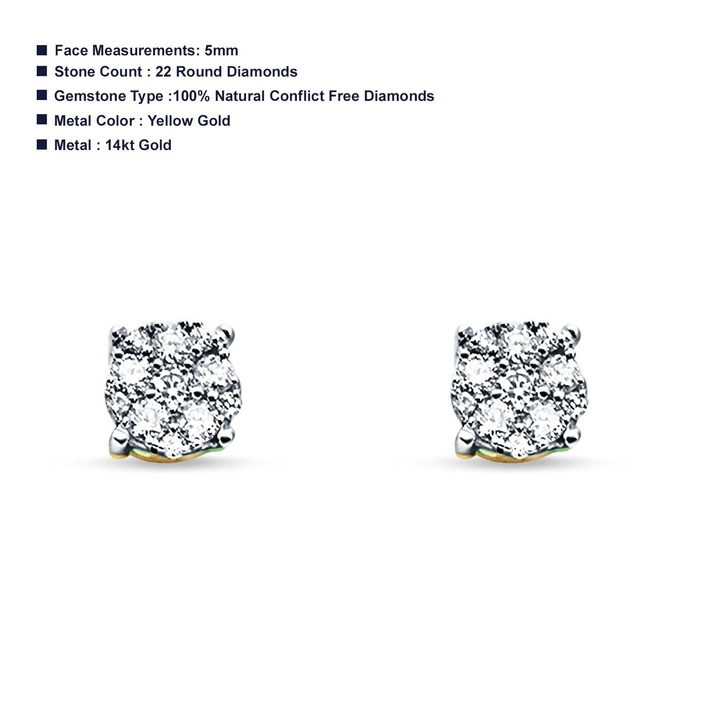 Solid 14K Yellow Gold 5mm Micro Pave Brilliant Round Diamond Screw Back Stud Earrings Wholesale