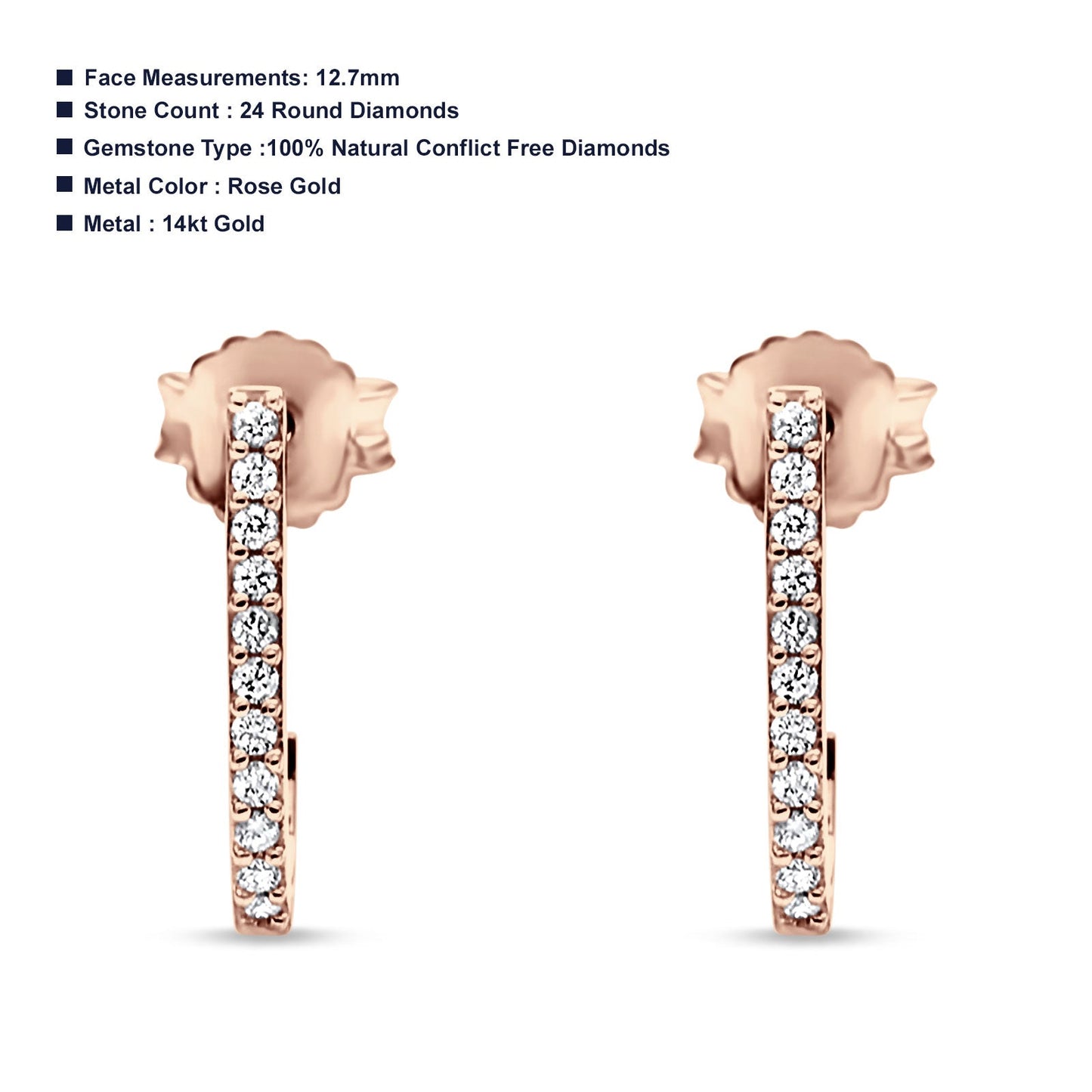 Solid 14K Rose Gold 12.7mm J Shaped Classic Hoop Push Back Stud Earring Round Diamond Wholesale