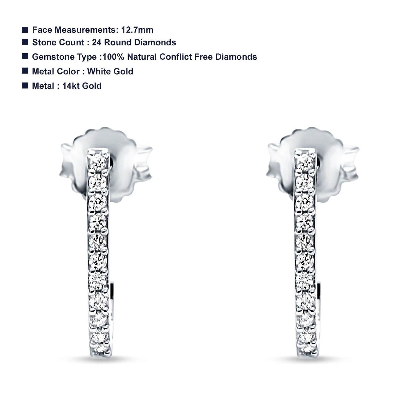 Solid 14K White Gold 12.7mm J Shaped Classic Hoop Push Back Stud Earring Round Diamond Wholesale