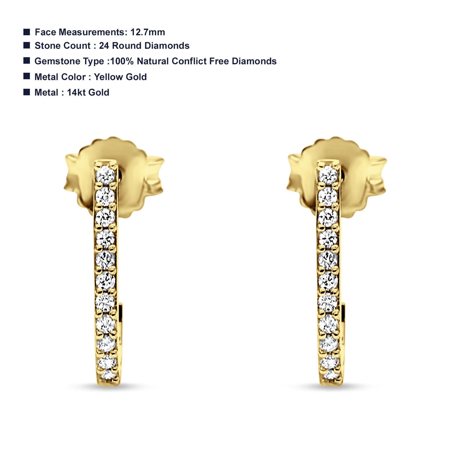 Solid 14K Yellow Gold 12.7mm J Shaped Classic Hoop Push Back Stud Earring Round Diamond Wholesale