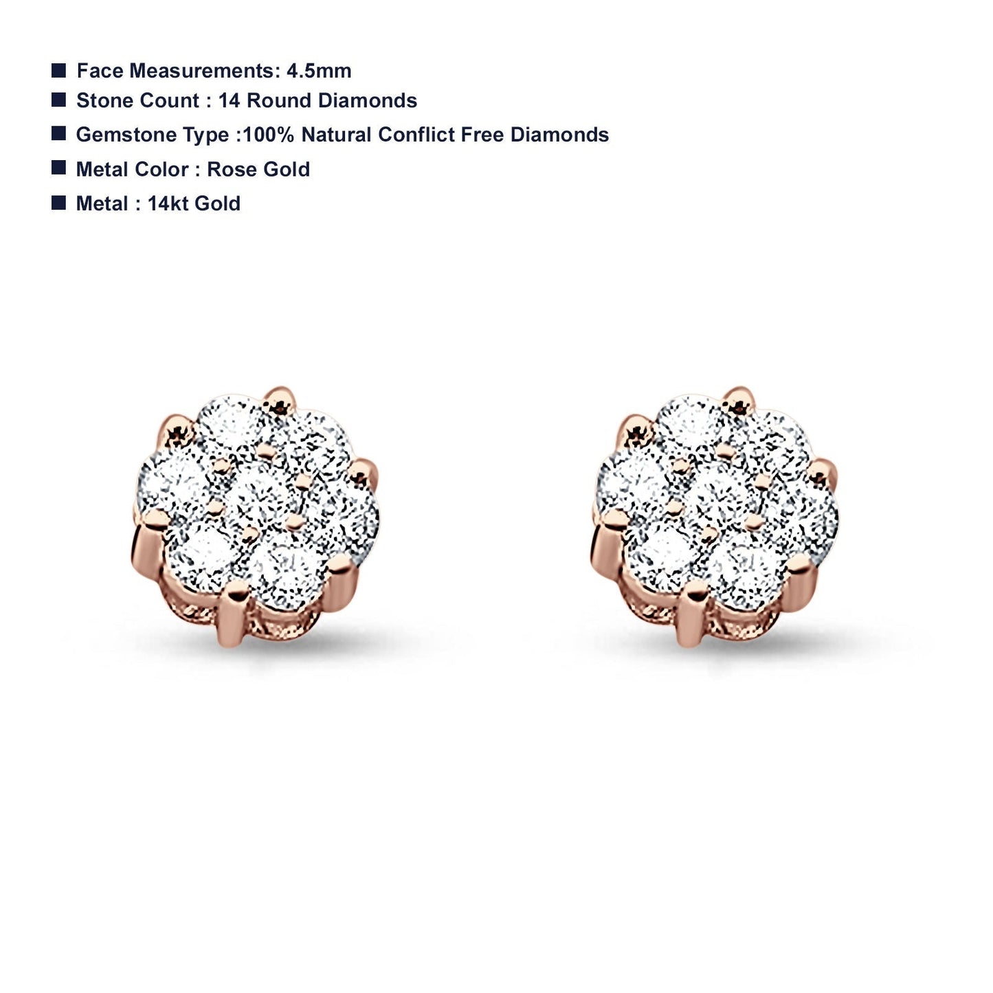 14K Rose Gold Diamond Brilliant Round Flower Stud Earrings Wholesale