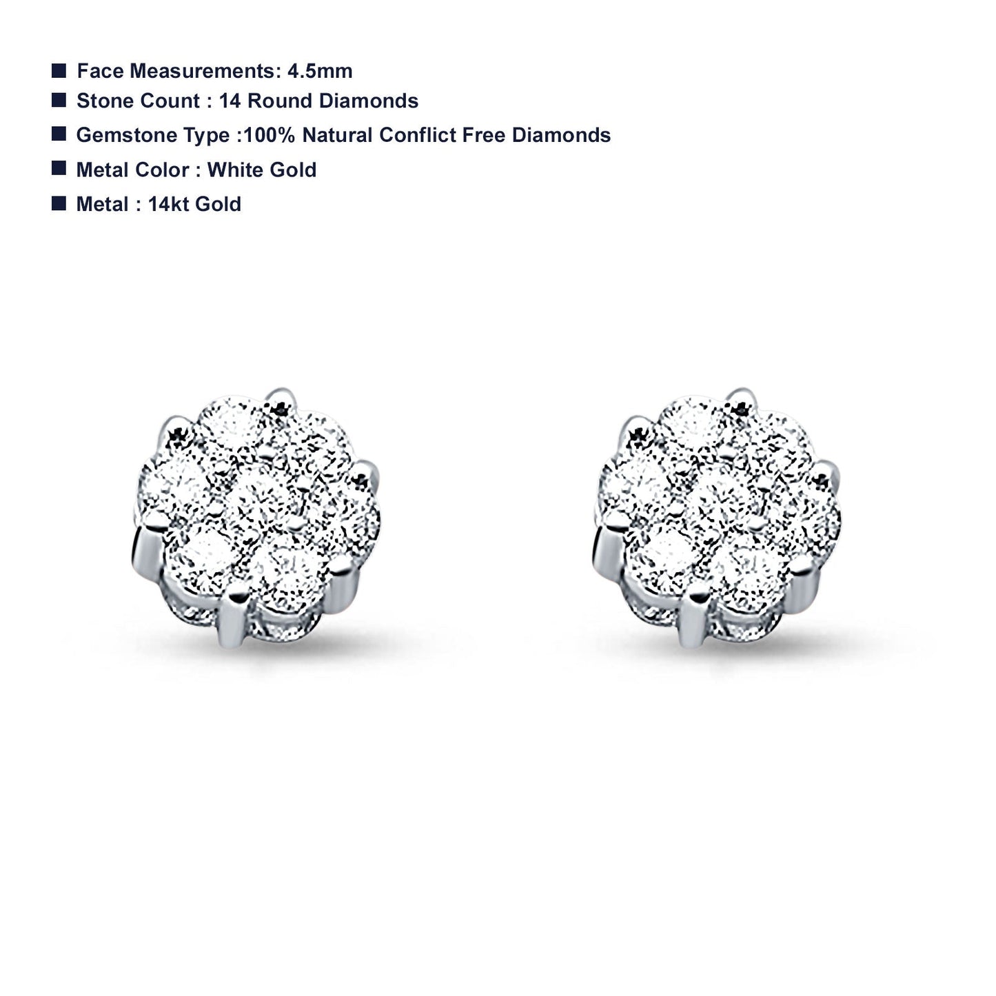 14K Solid White Gold Diamond Brilliant Round Flower Stud Earrings Wholesale