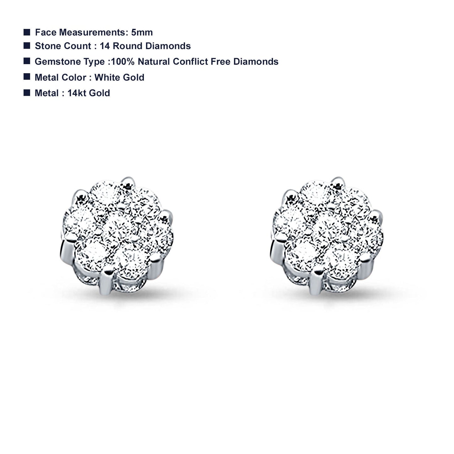 14k Solid White Gold Diamond Flower Stud Earrings Wholesale