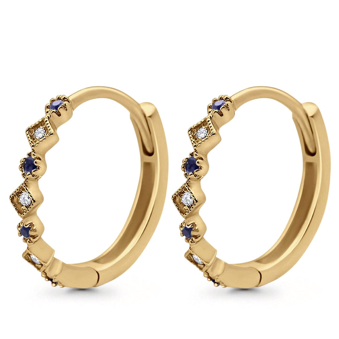 14K Yellow Gold .16ct G SI Diamond & Blue Sapphire Hoop Huggie Earrings