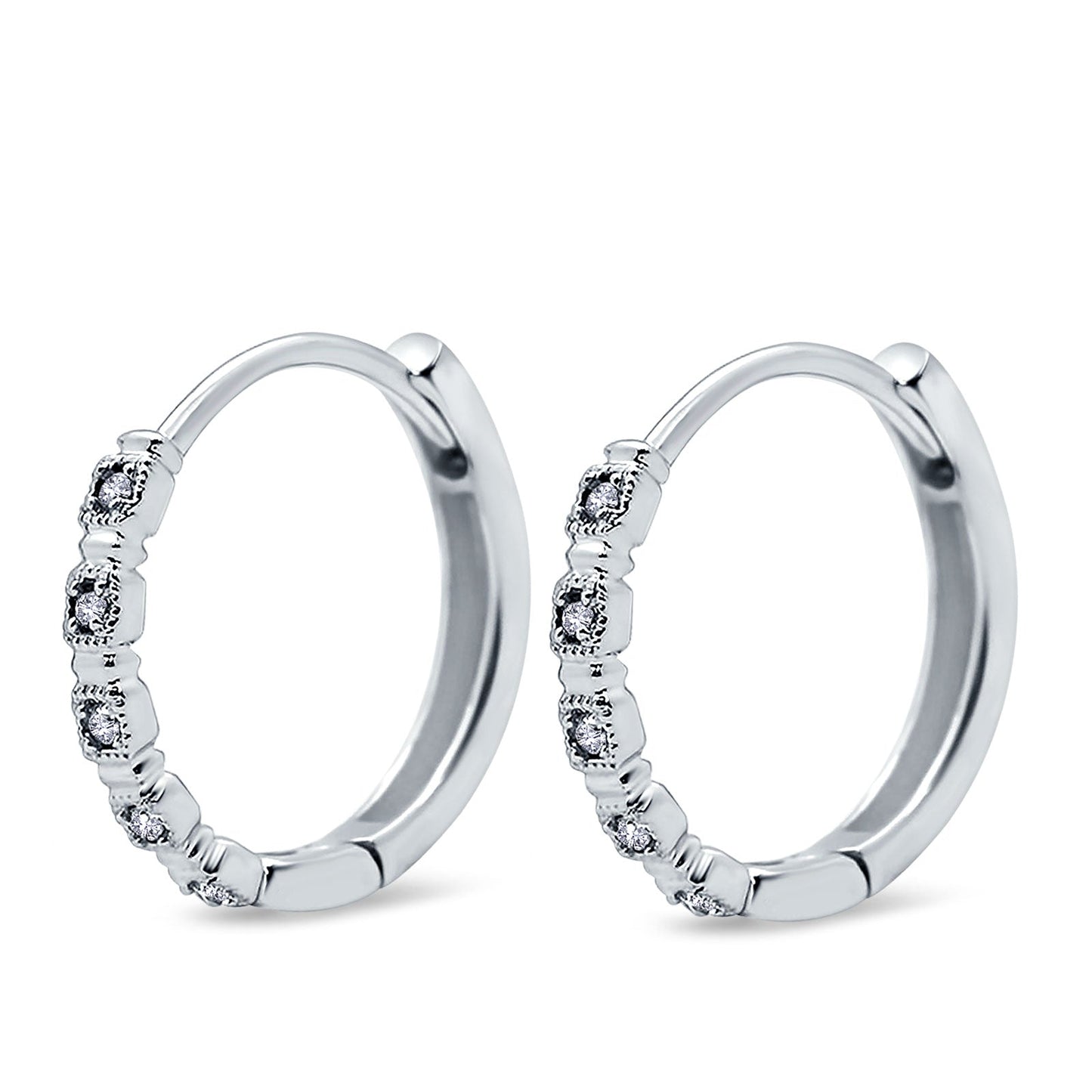 14K White Gold .07ct Diamond Hoop Huggie Earrings