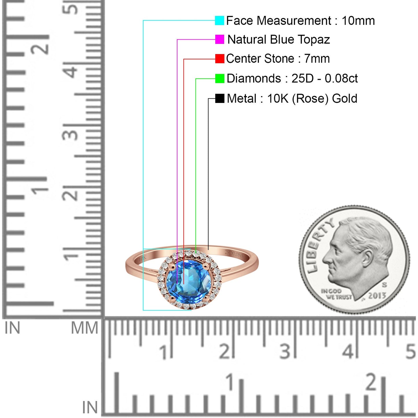 Round Natural Blue Topaz Halo Solitaire Natural Diamond Ring 10K Rose Gold Wholesale