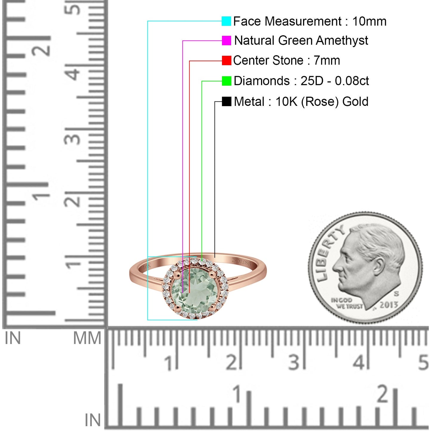 Round Natural Green Amethyst Halo Solitaire Natural Diamond Ring 10K Rose Gold Wholesale