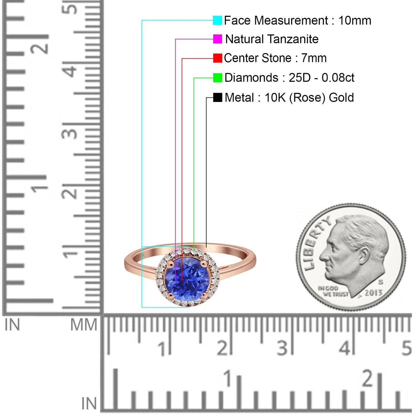 Round Natural Tanzanite Halo Solitaire Natural Diamond Ring 10K Rose Gold Wholesale