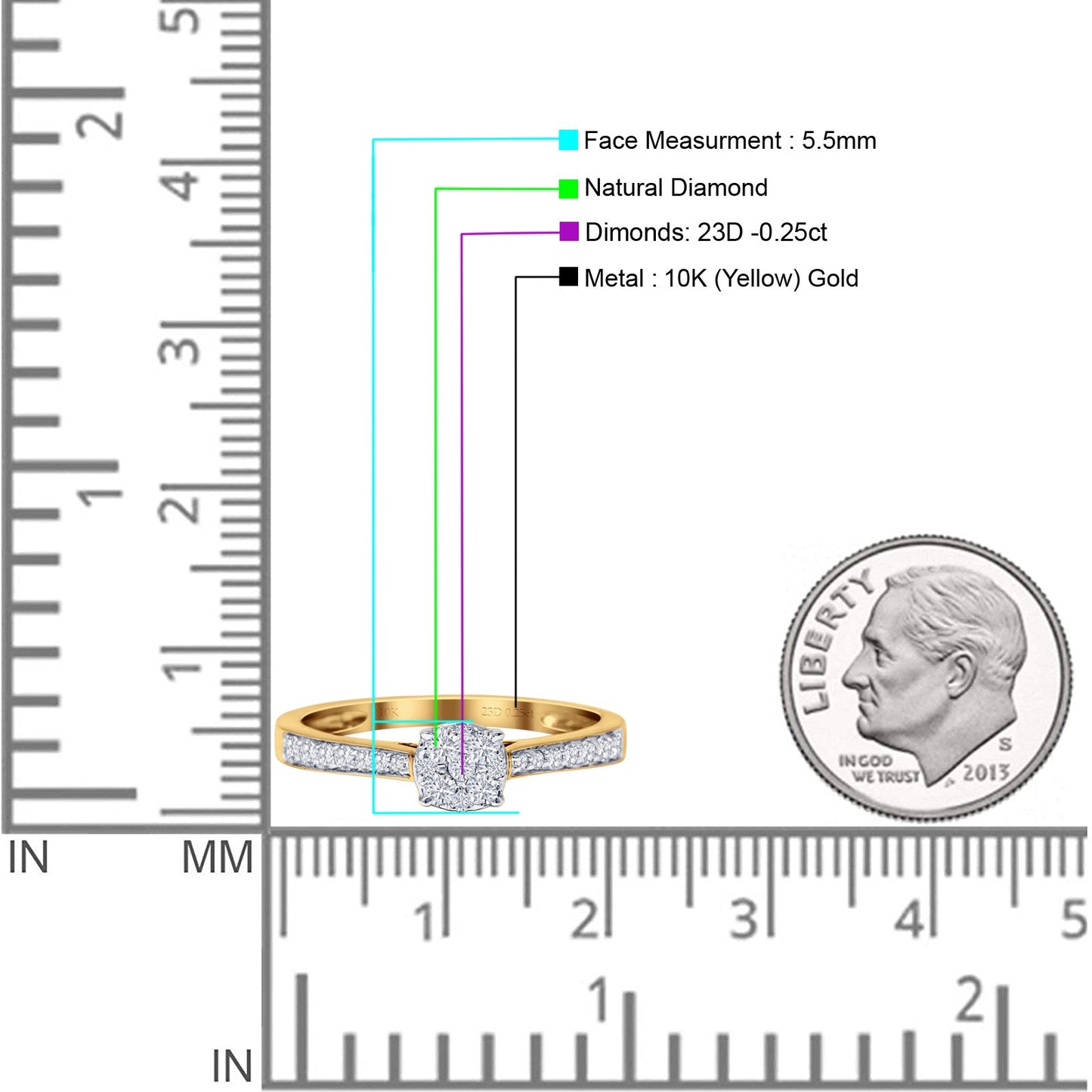 Round Cluster Diamond Wedding Ring 10K Yellow Gold 0.25ct Wholesale