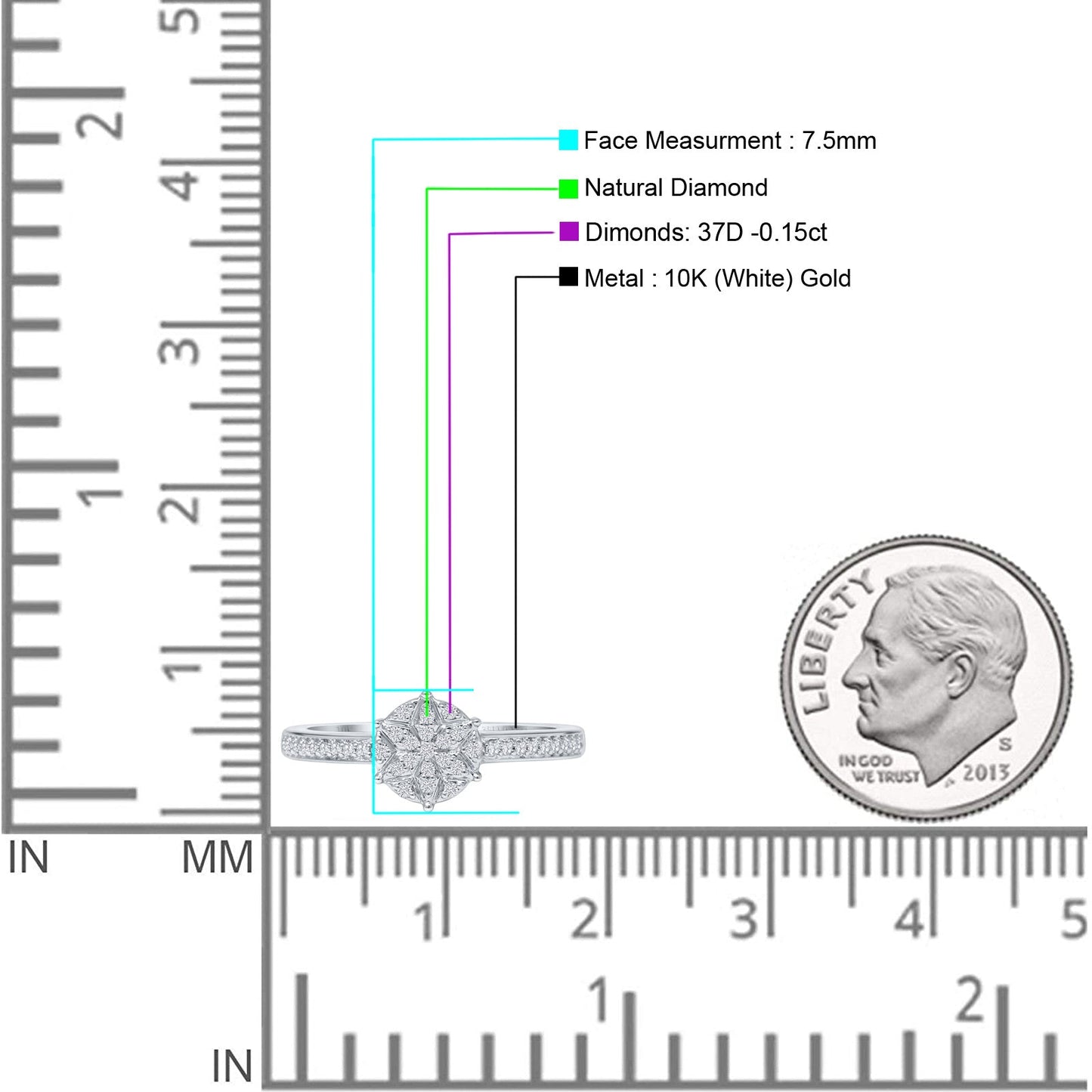 Diamond Star Ring Round 10K White Gold 0.15ct Wholesale