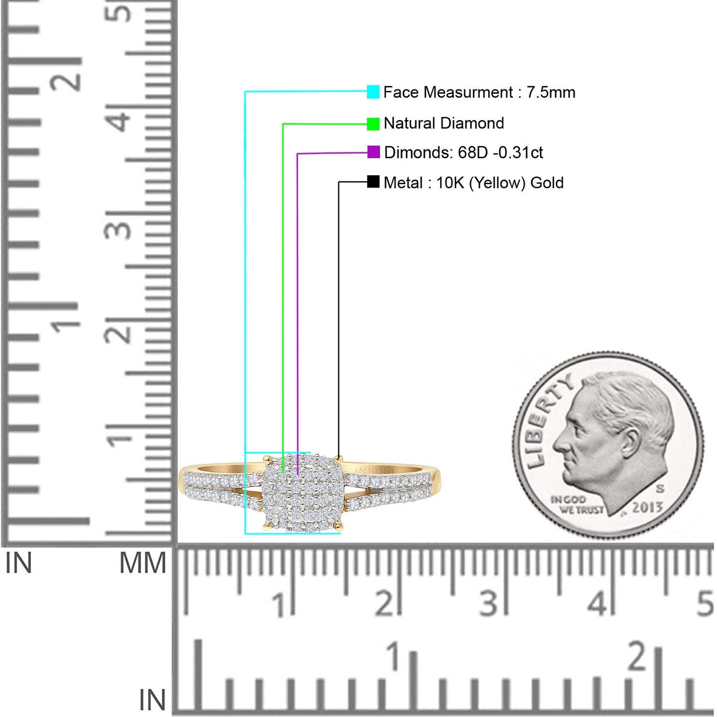 Cushion Diamond Ring Split Shank 10K Yellow Gold 0.31ct Wholesale