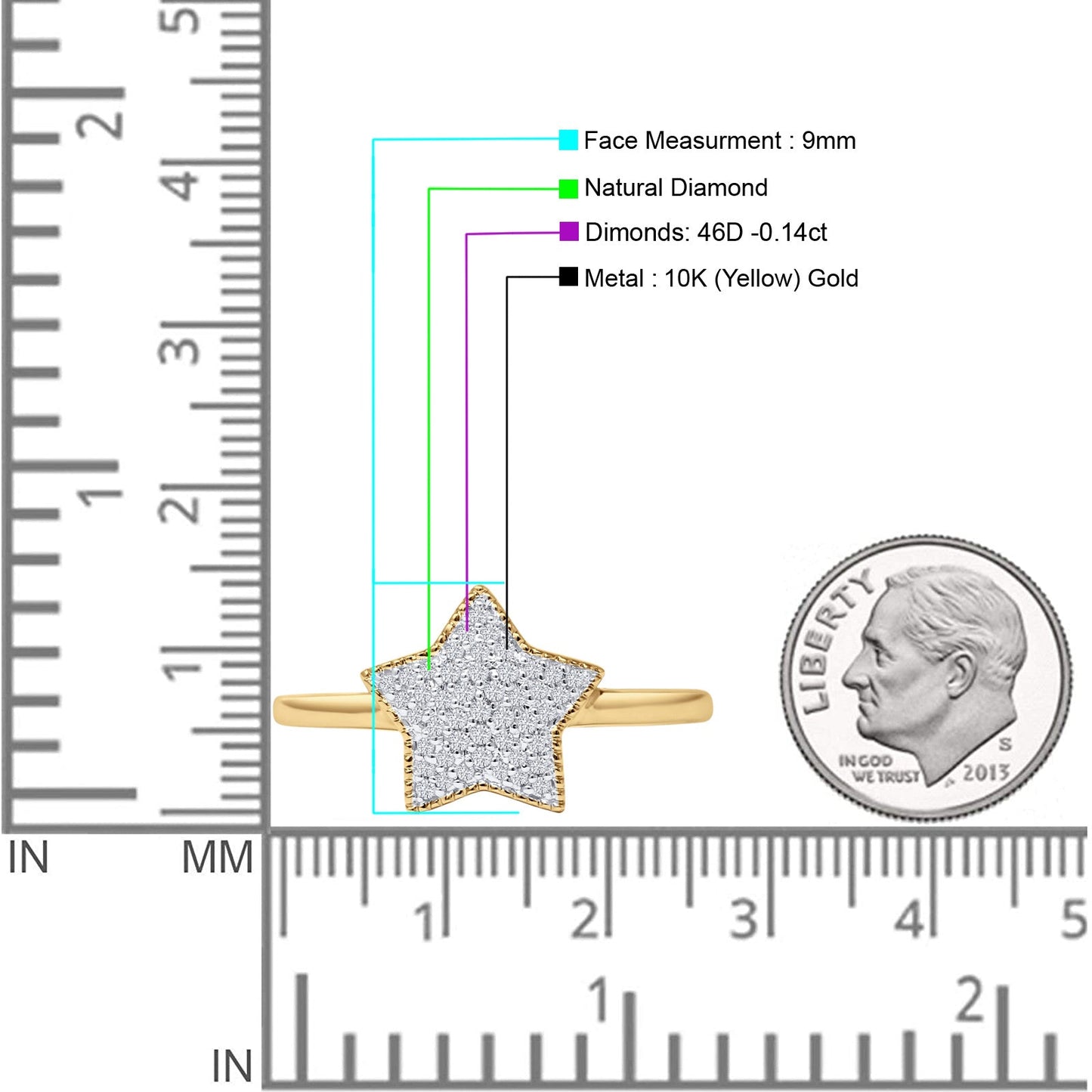 Cluster Statement Diamond Star Ring 10K Yellow Gold 0.14ct Wholesale