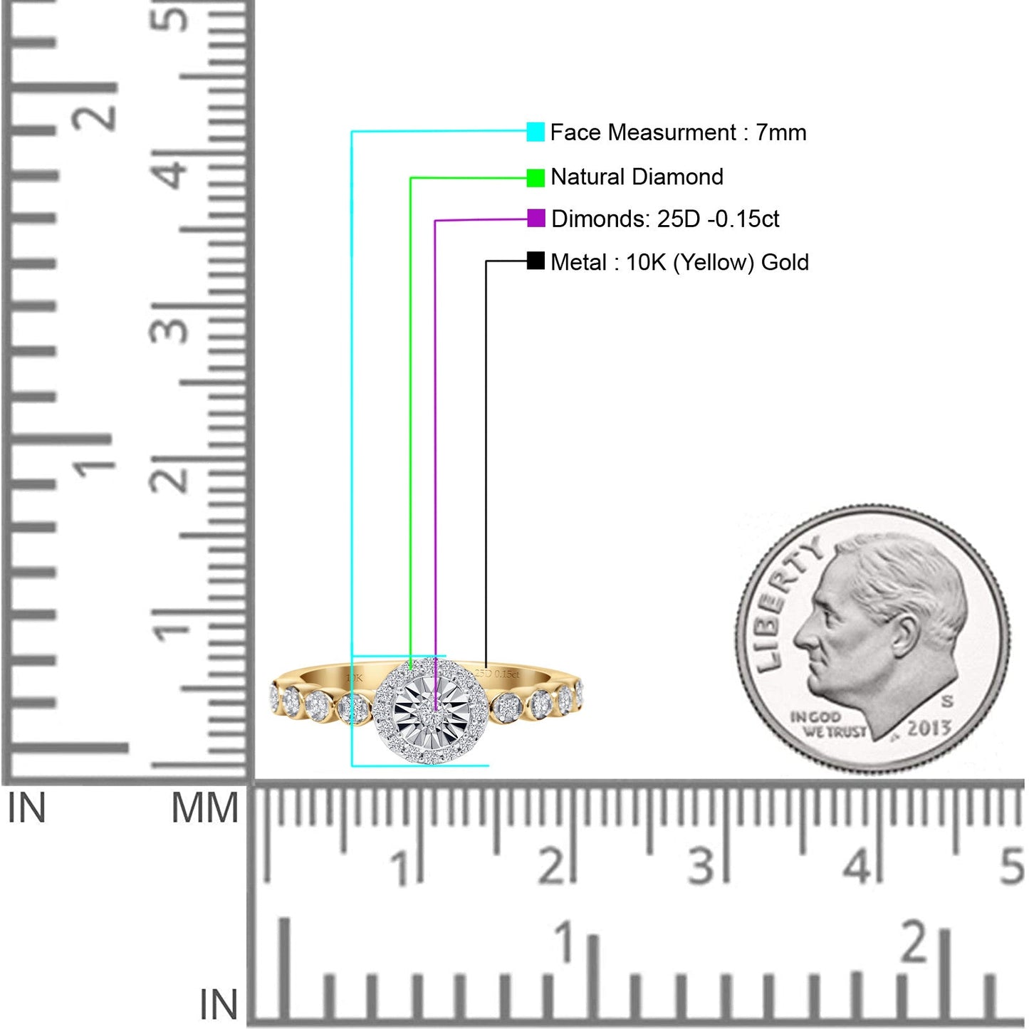 Sparkling Round Diamond Halo Ring 10K Yellow Gold 0.15ct Wholesale