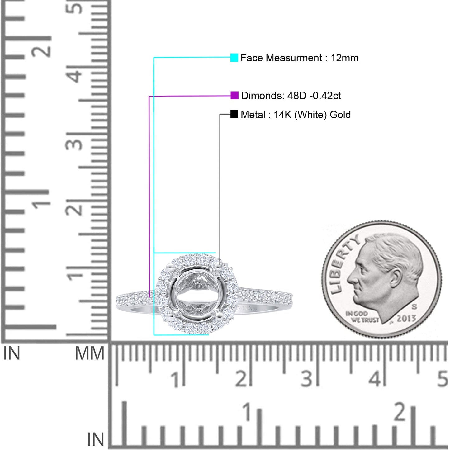 14K White Gold 0.42ct Round Halo Semi Mount Diamond Ring Wholesale