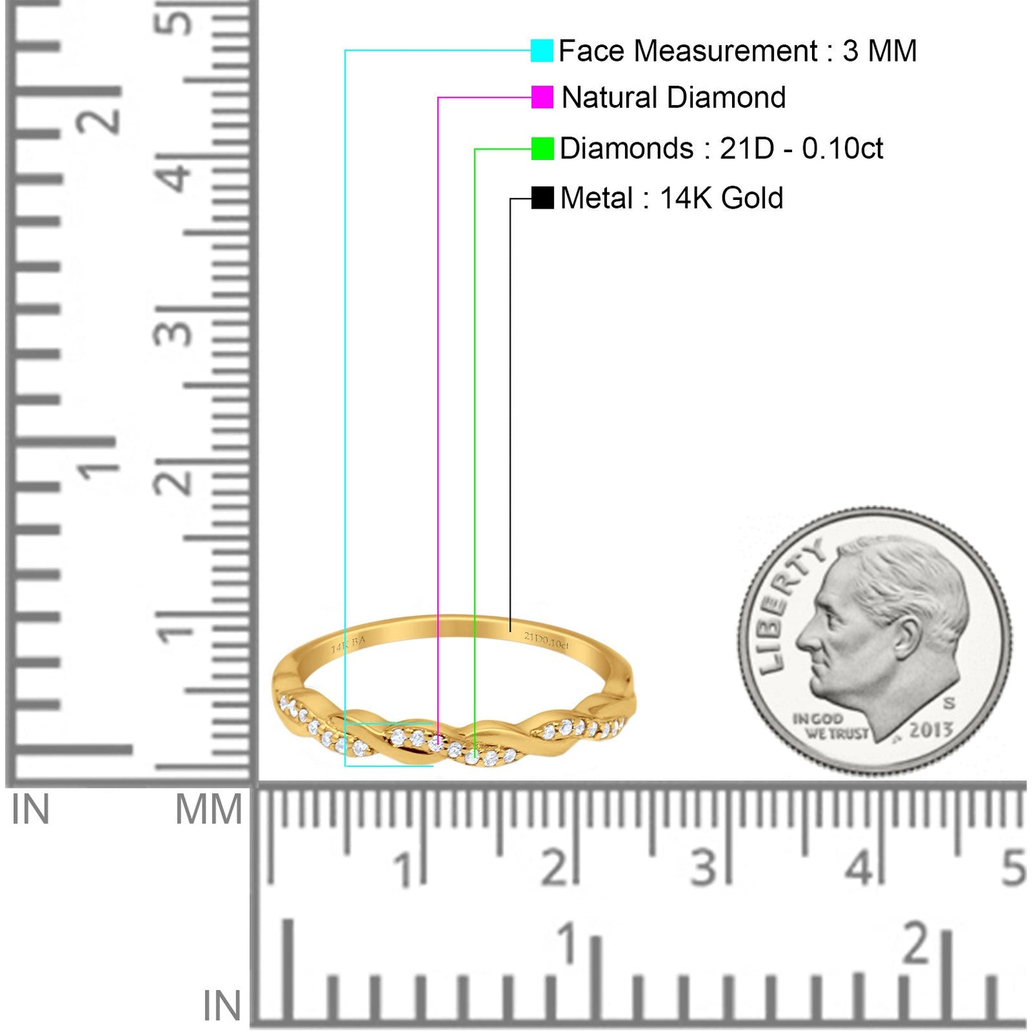 14K Yellow Gold 0.10ct Round 3mm G SI Half Eternity Infinity Twisted Band Diamond Engagement Wedding Ring