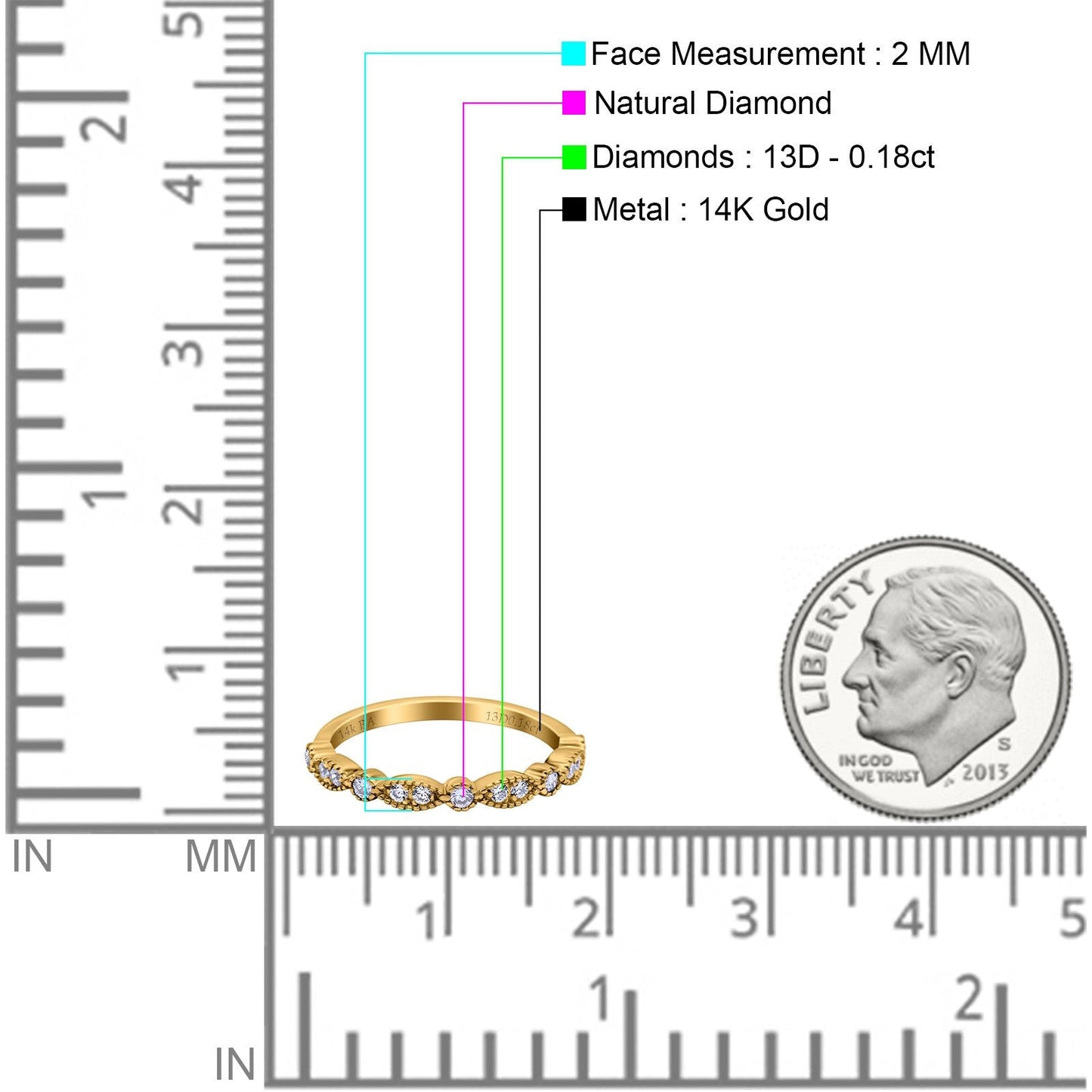 14K Yellow Gold 0.18ct Diamond Round Art Deco Half Eternity Band Engagement Ring