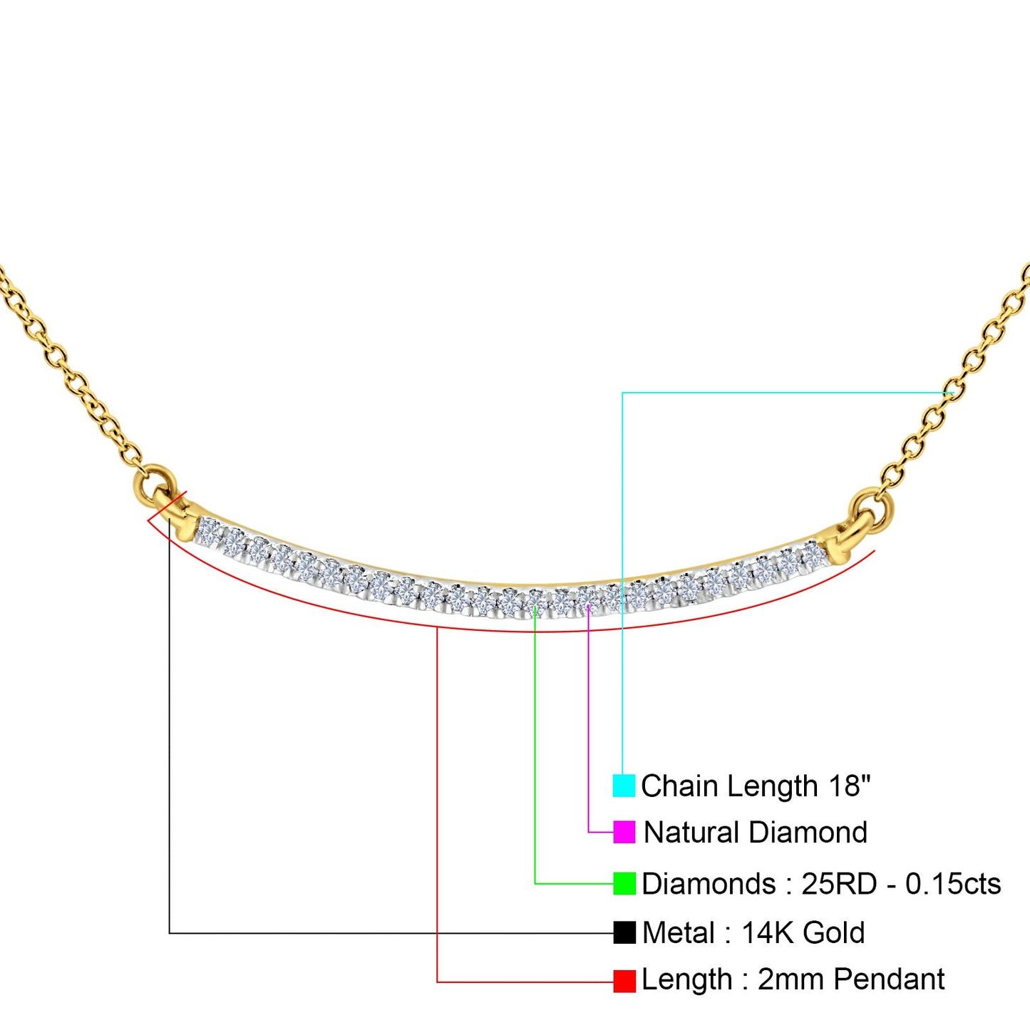 14K Yellow Gold 0.15ct Round Shape Diamond Bar Pendant Chain Necklace 18" Long