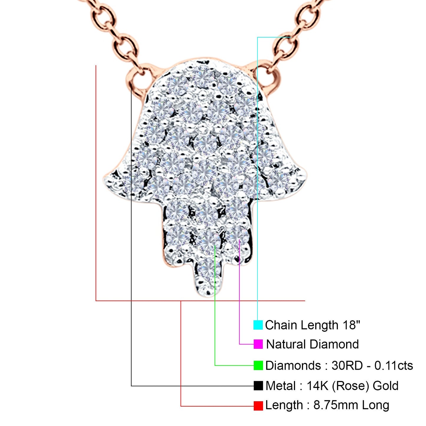 14K Rose Gold 0.11ct Round Shape Diamond Pendant Trendy Hand Of Hamsa Chain Necklace 18" Long