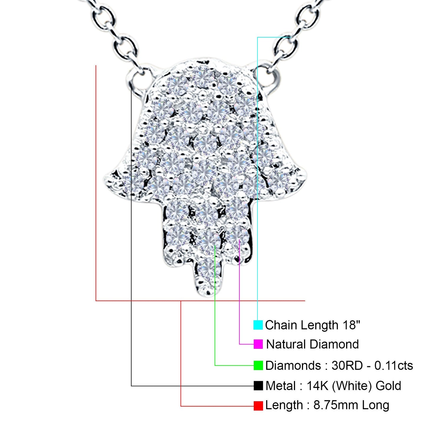 14K White Gold 0.11ct Round Shape Diamond Pendant Trendy Hand Of Hamsa Chain Necklace 18" Long