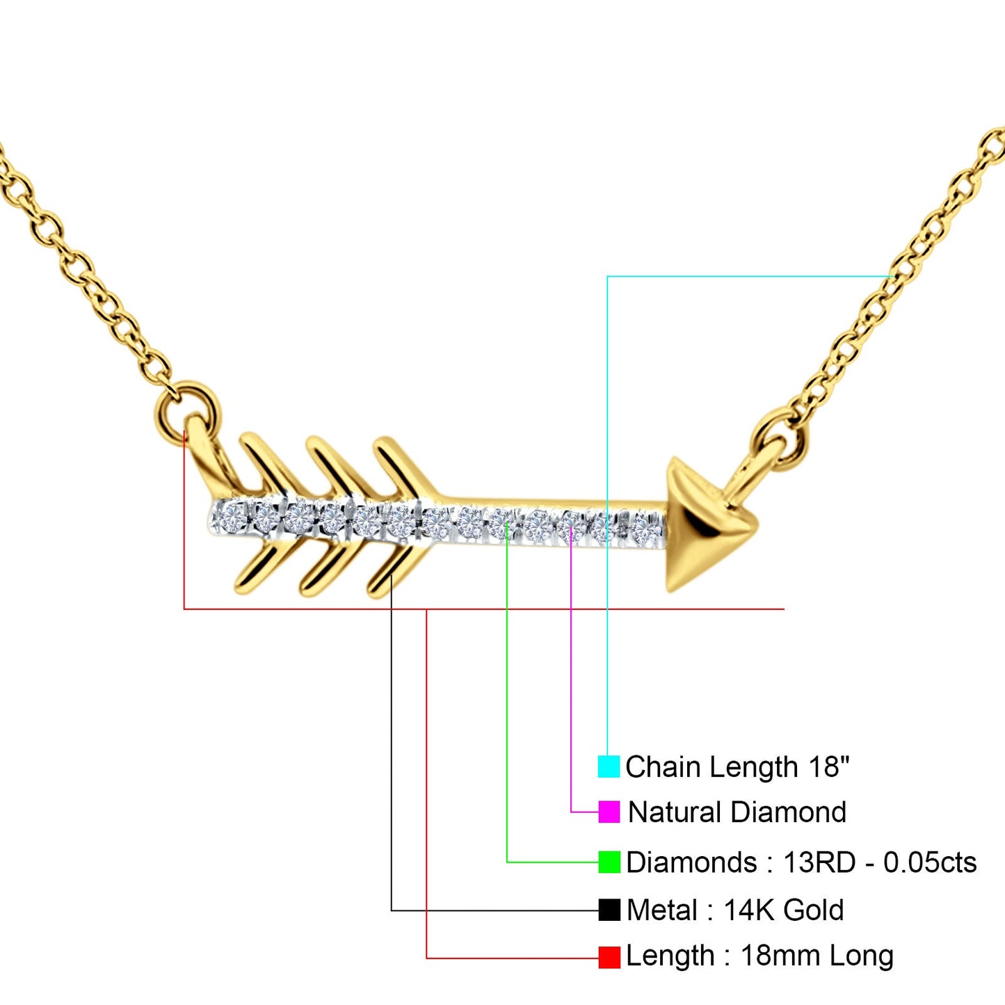 14K Yellow Gold 0.05ct Round Shape Trendy Diamond Cupid Arrow Pendant Chain Necklace 18" Long