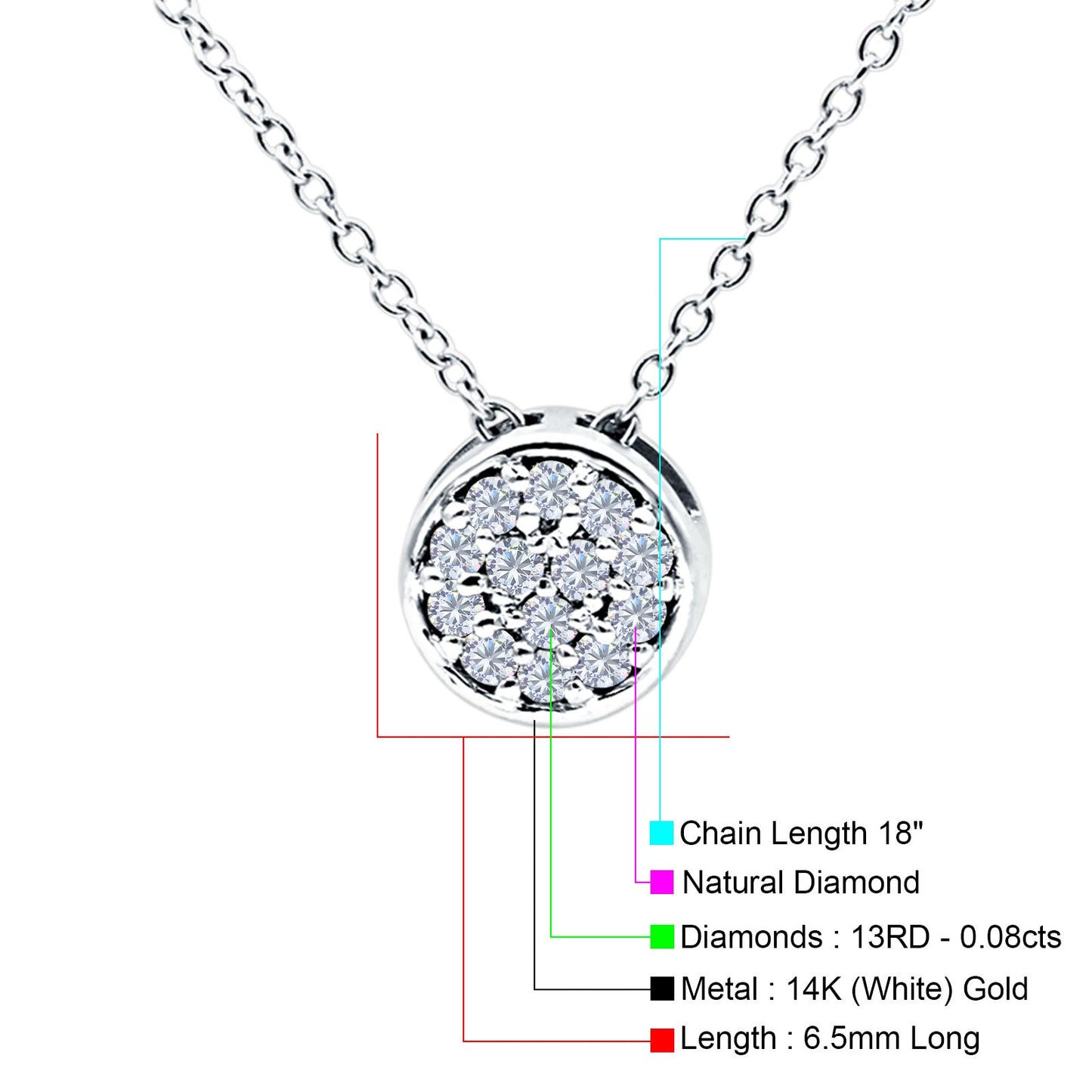 14K White Gold 0.08ct Round Shape Diamond Drop Solitaire Pendant Chain Necklace 18" Long