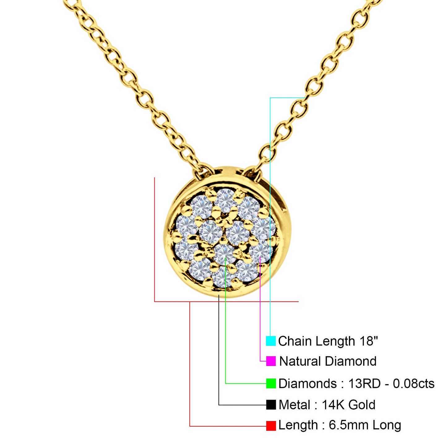 14K Yellow Gold 0.08ct Round Shape Diamond Drop Solitaire Pendant Chain Necklace 18" Long