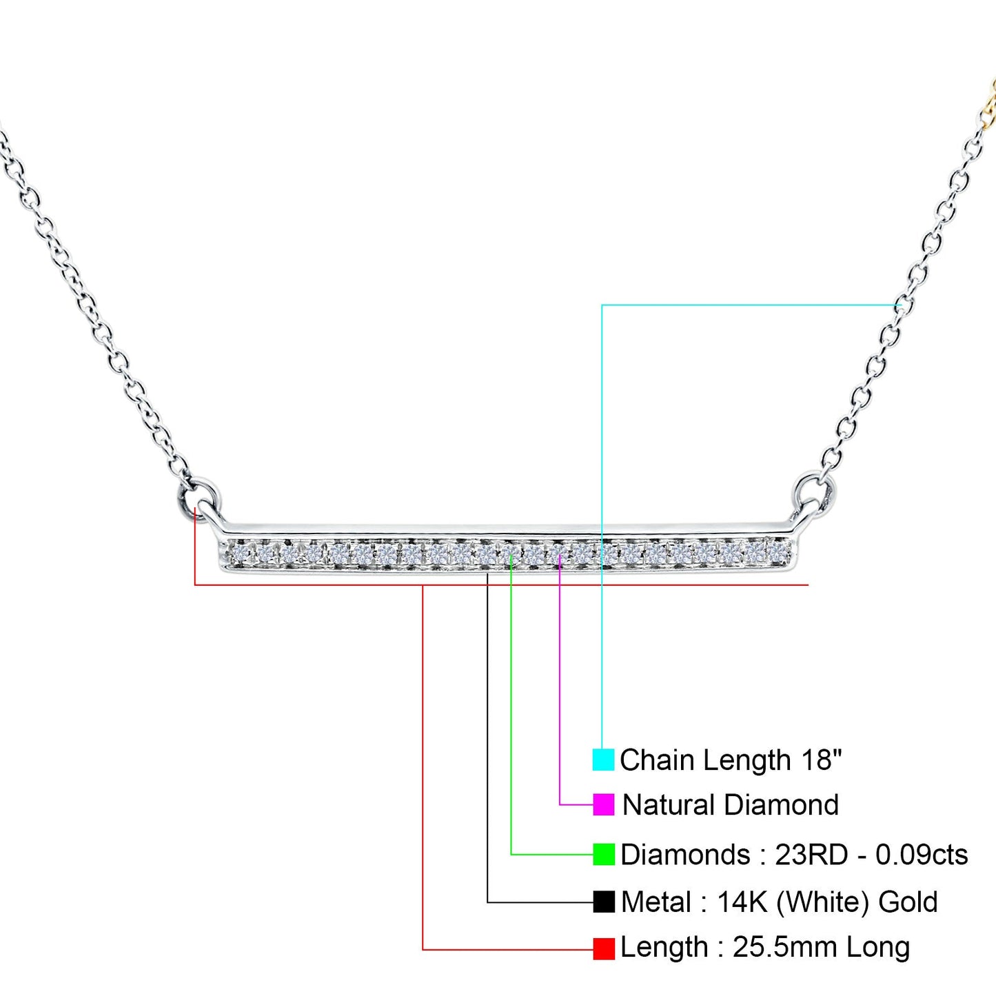 14K White Gold 0.09ct Round Shape Diamond Trendy Bar Pendant Chain Necklace 18" Long