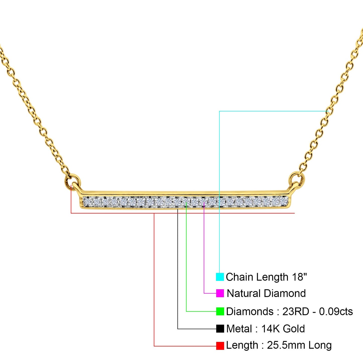 14K Yellow Gold 0.09ct Round Shape Diamond Trendy Bar Pendant Chain Necklace 18" Long