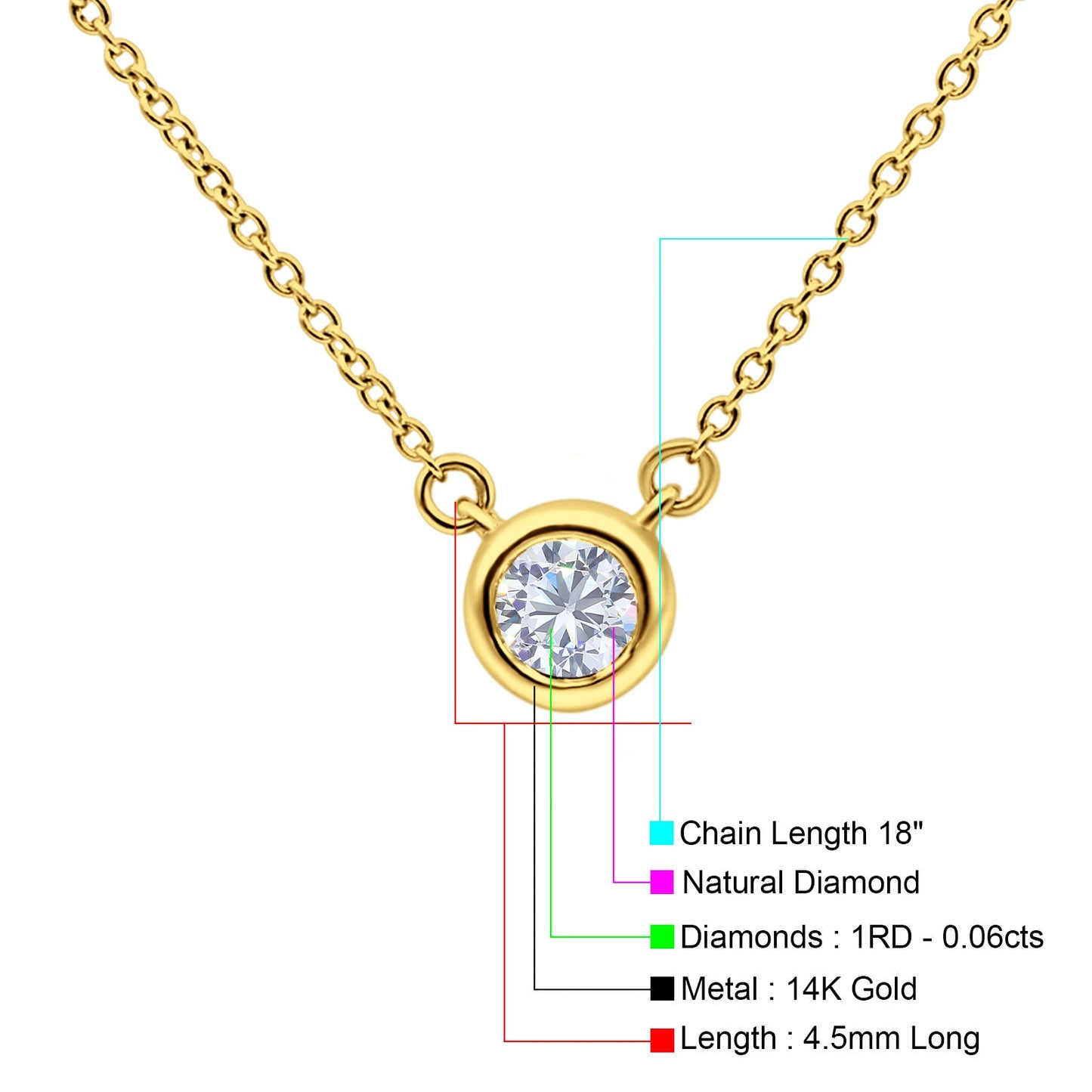 14K Yellow Gold 0.06ct Round Shape Diamond Bezel Solitaire Pendant Chain Necklace 18" Long