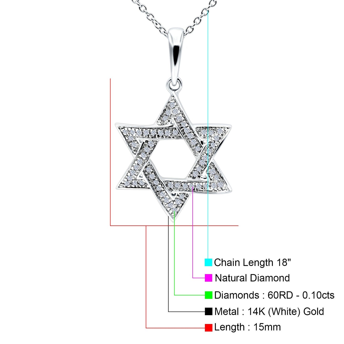 14K White Gold 0.10ct Round Shape Jewish Star Of David Diamond Pendant Chain Necklace 18" Long