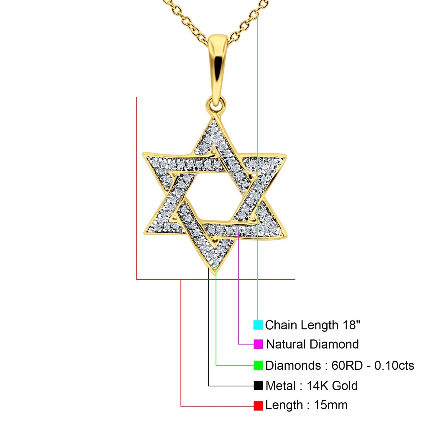 14K Yellow Gold 0.10ct Round Shape Jewish Star Of David Diamond Pendant Chain Necklace 18" Long