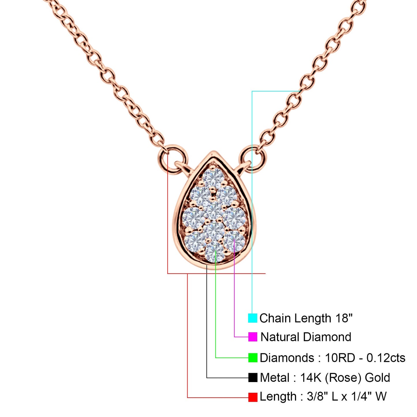 14K Rose Gold 0.12ct Round Shape Diamond Solitaire Pendant Chain Necklace 18" Long