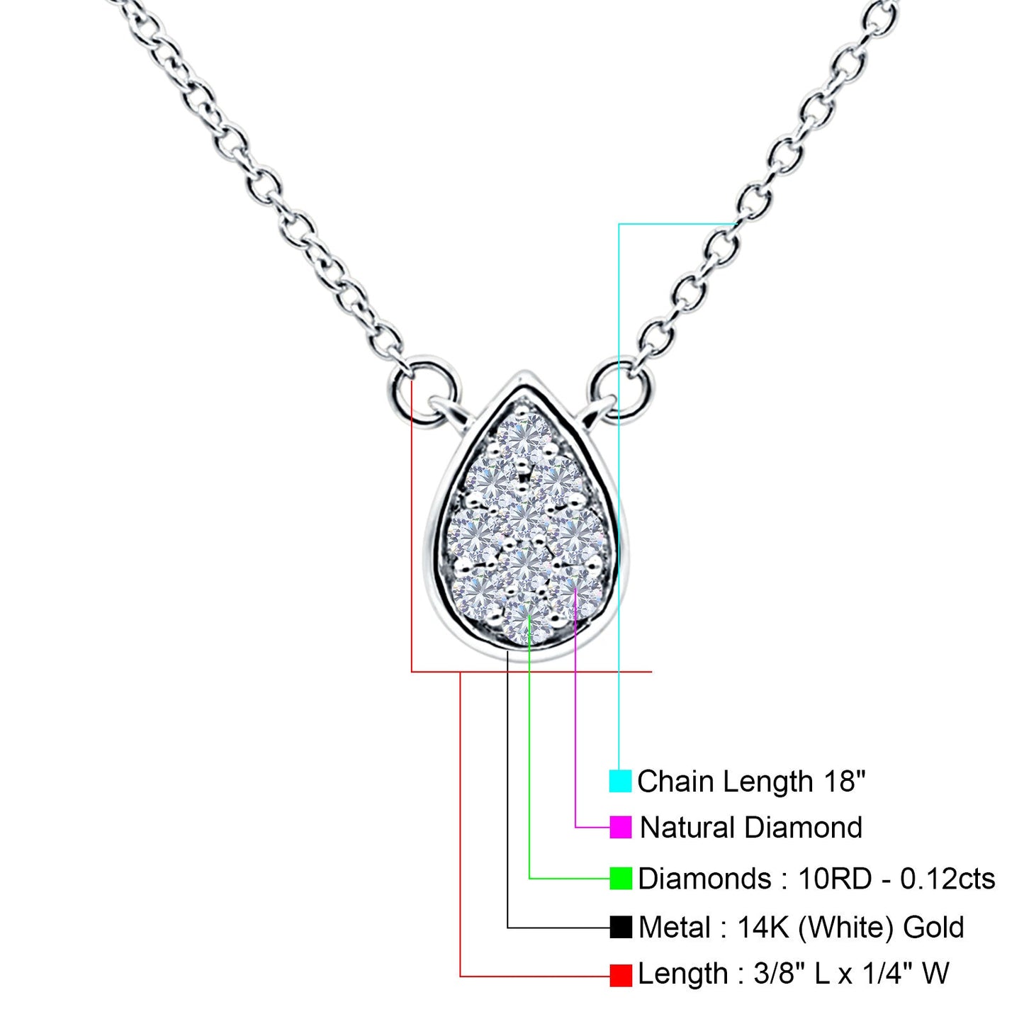 14K White Gold 0.12ct Round Shape Diamond Solitaire Pendant Chain Necklace 18" Long