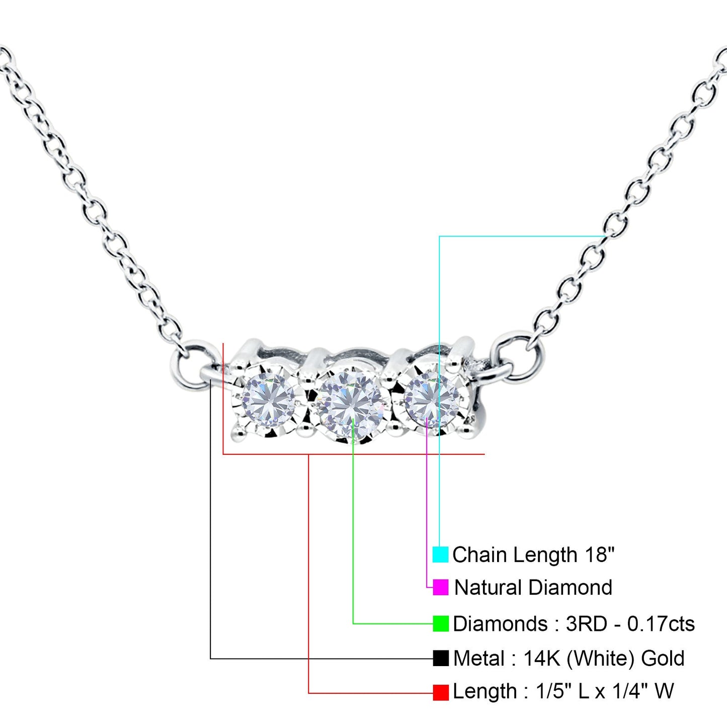 14K White Gold 0.17ct Round Shape Diamond Three Stone Pendant Chain Necklace 18" Long