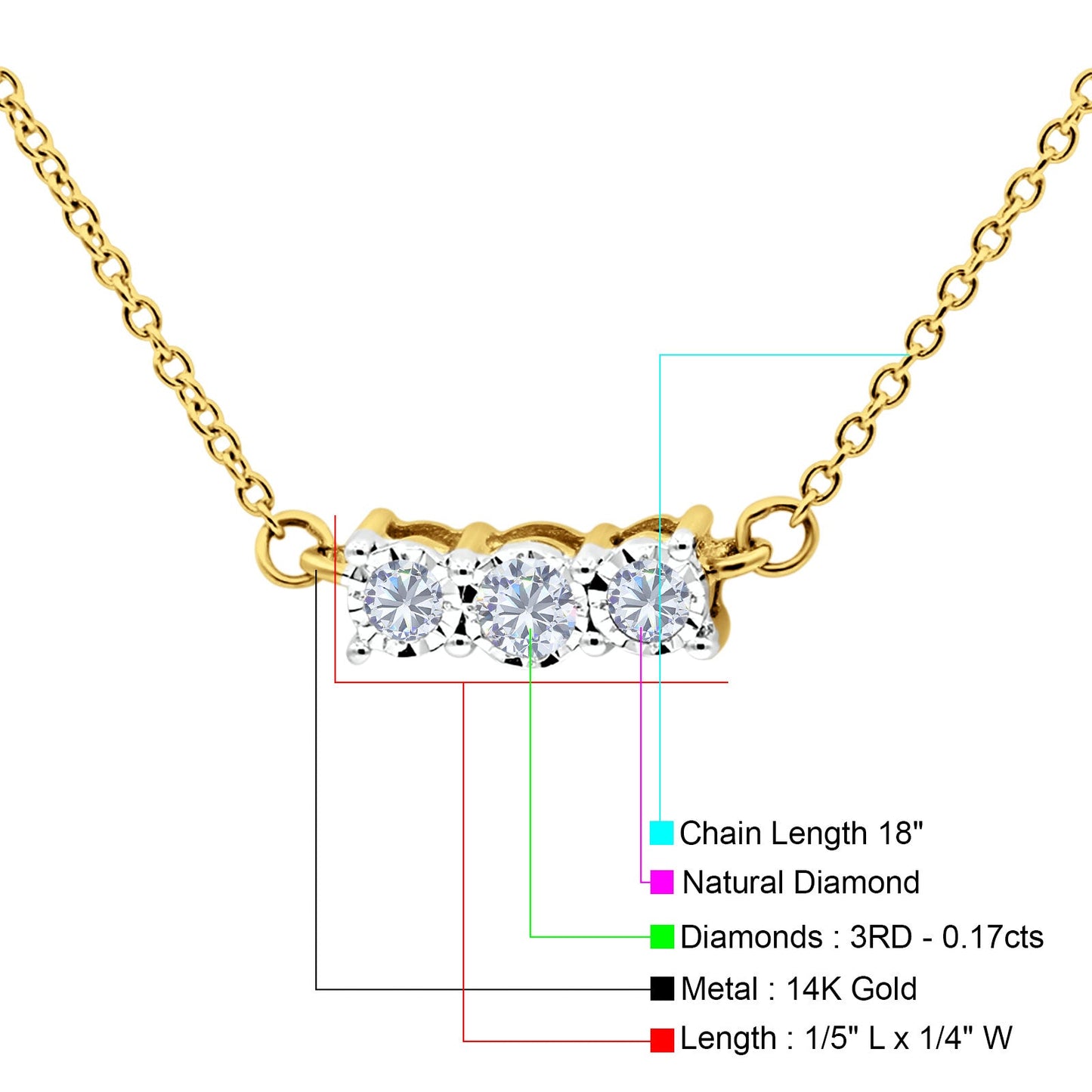 14K Yellow Gold 0.17ct Round Shape Diamond Three Stone Pendant Chain Necklace 18" Long