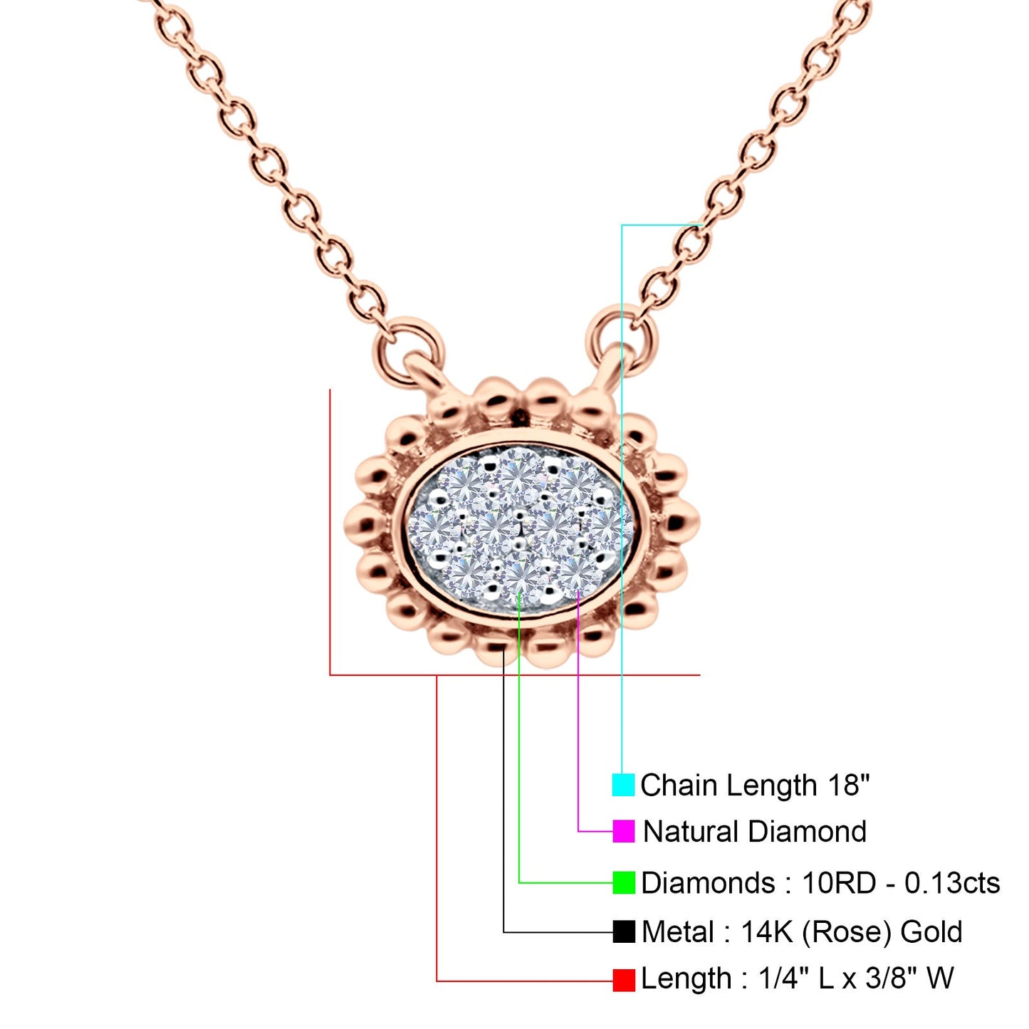 14K Rose Gold 0.13ct Round Shape Diamond Solitaire Pendant Chain Necklace 18" Long