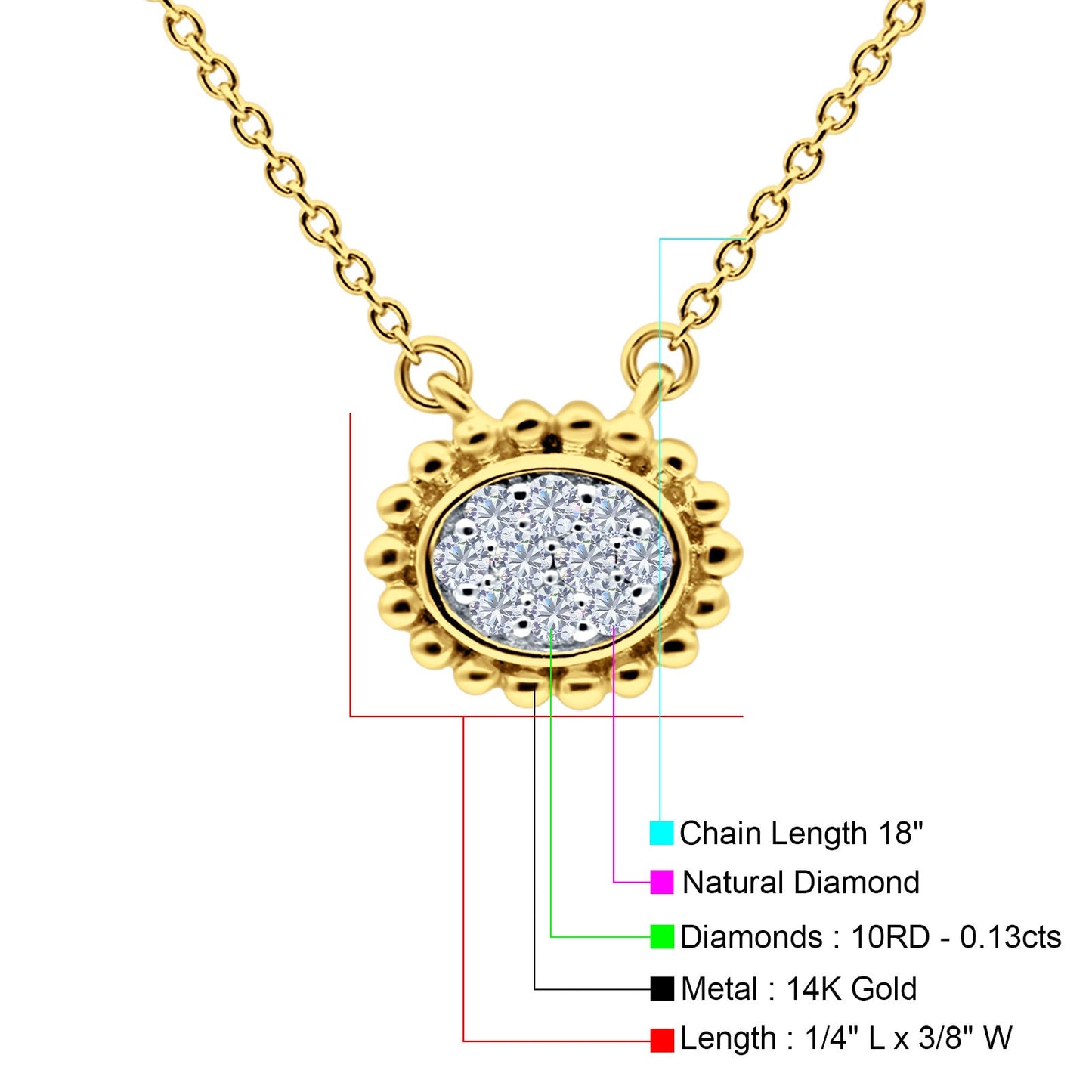 14K Yellow Gold 0.13ct Round Shape Diamond Solitaire Pendant Chain Necklace 18" Long