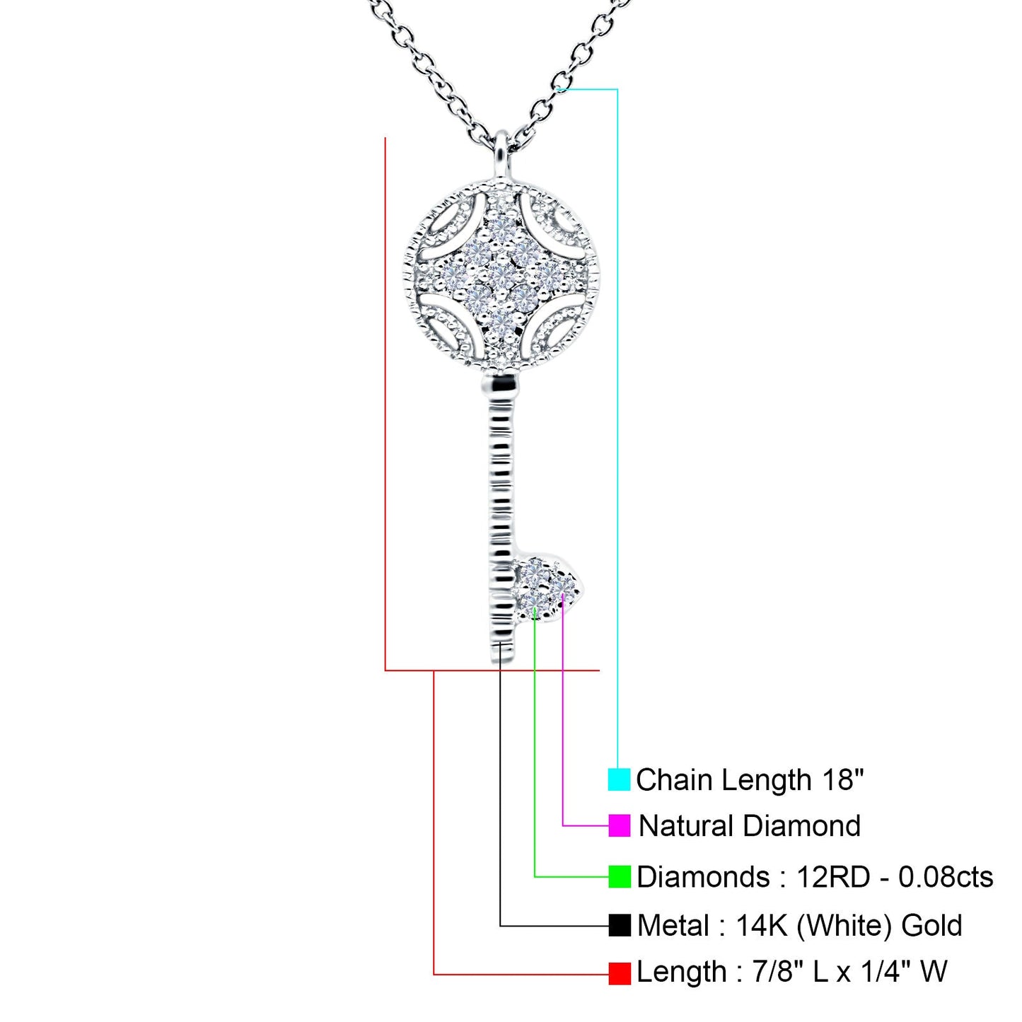 14K White Gold 0.08ct Round Shape Diamond Key Pendant Chain Necklace 18" Long