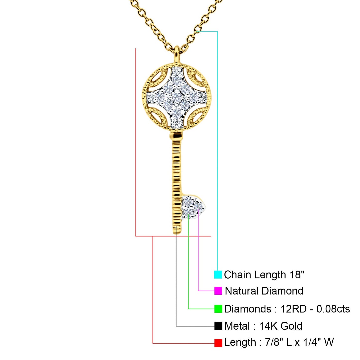 14K Yellow Gold Diamond Key Necklace 18 Inch