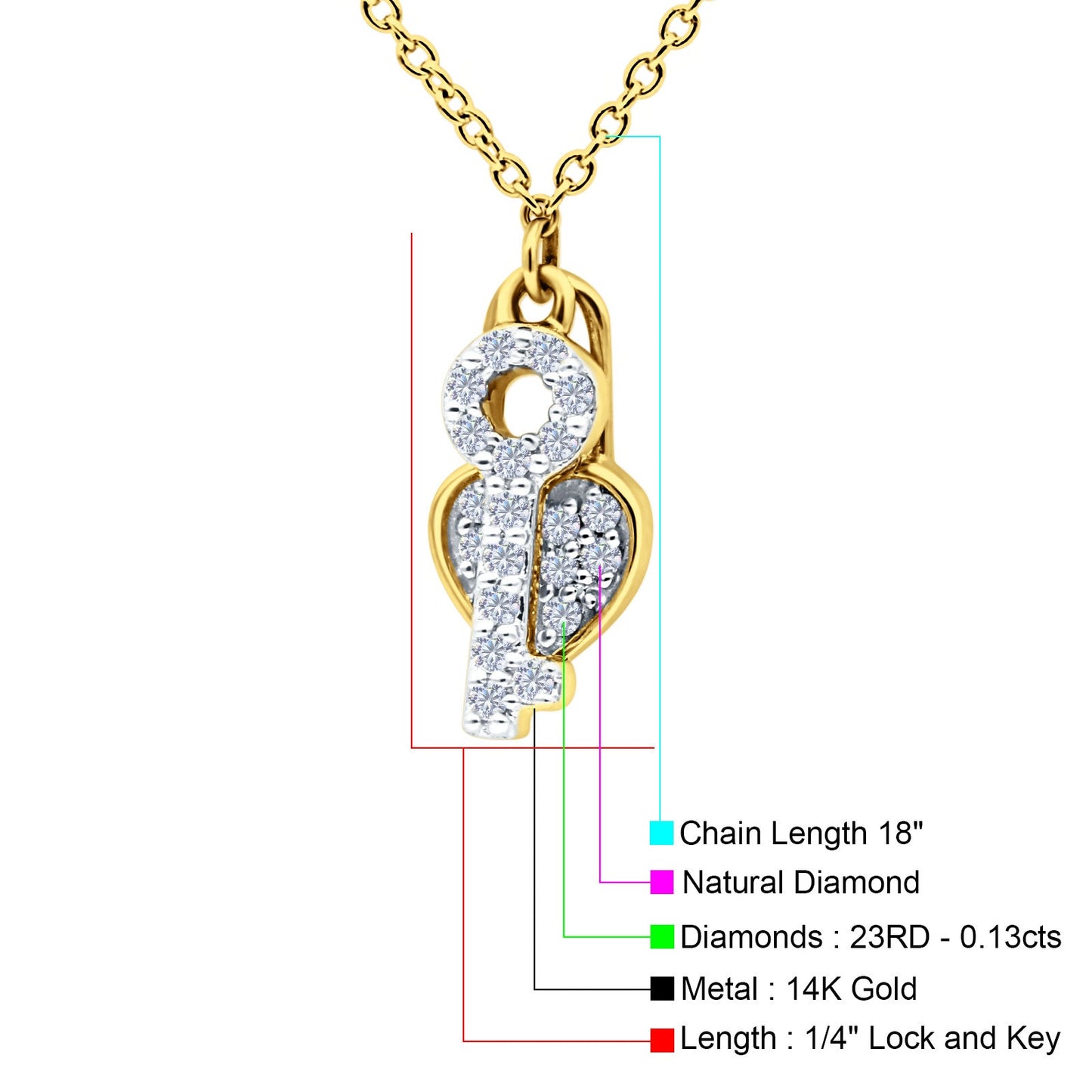 14K Yellow Gold 0.13ct Round Shape Diamond Key To My Heart Pendant Chain Necklace 18" Long