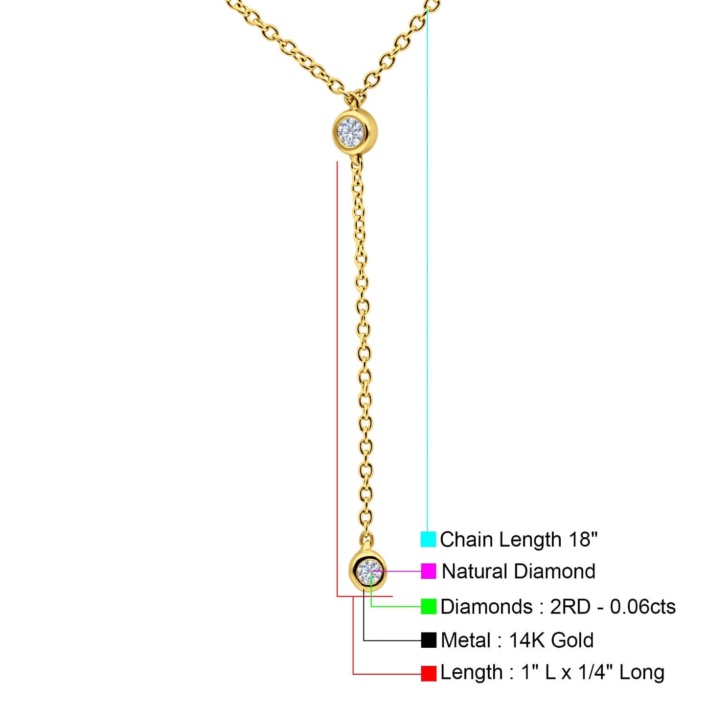 14K Yellow Gold 0.06ct Round Shape Diamond Drop Lariat Pendant Chain Necklace 18" Long