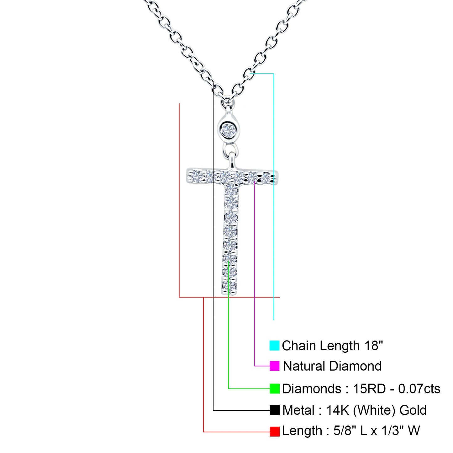 14K White Gold 0.07ct Round Shape Diamond Cross Pendant Chain Necklace 18" Long