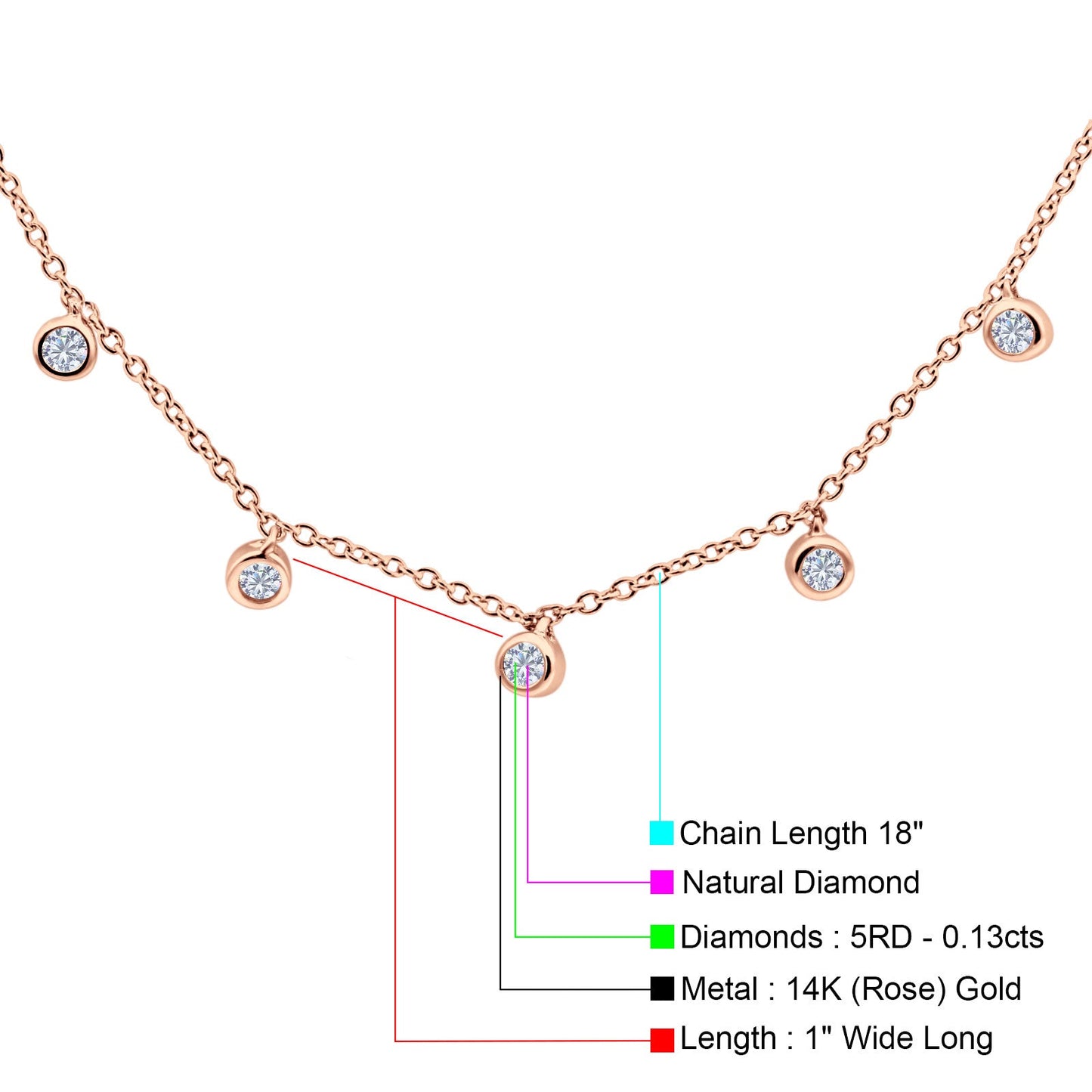 14K Rose Gold Diamond Pendant Necklace - 0.13ct Round Cut, 18 inch Chain