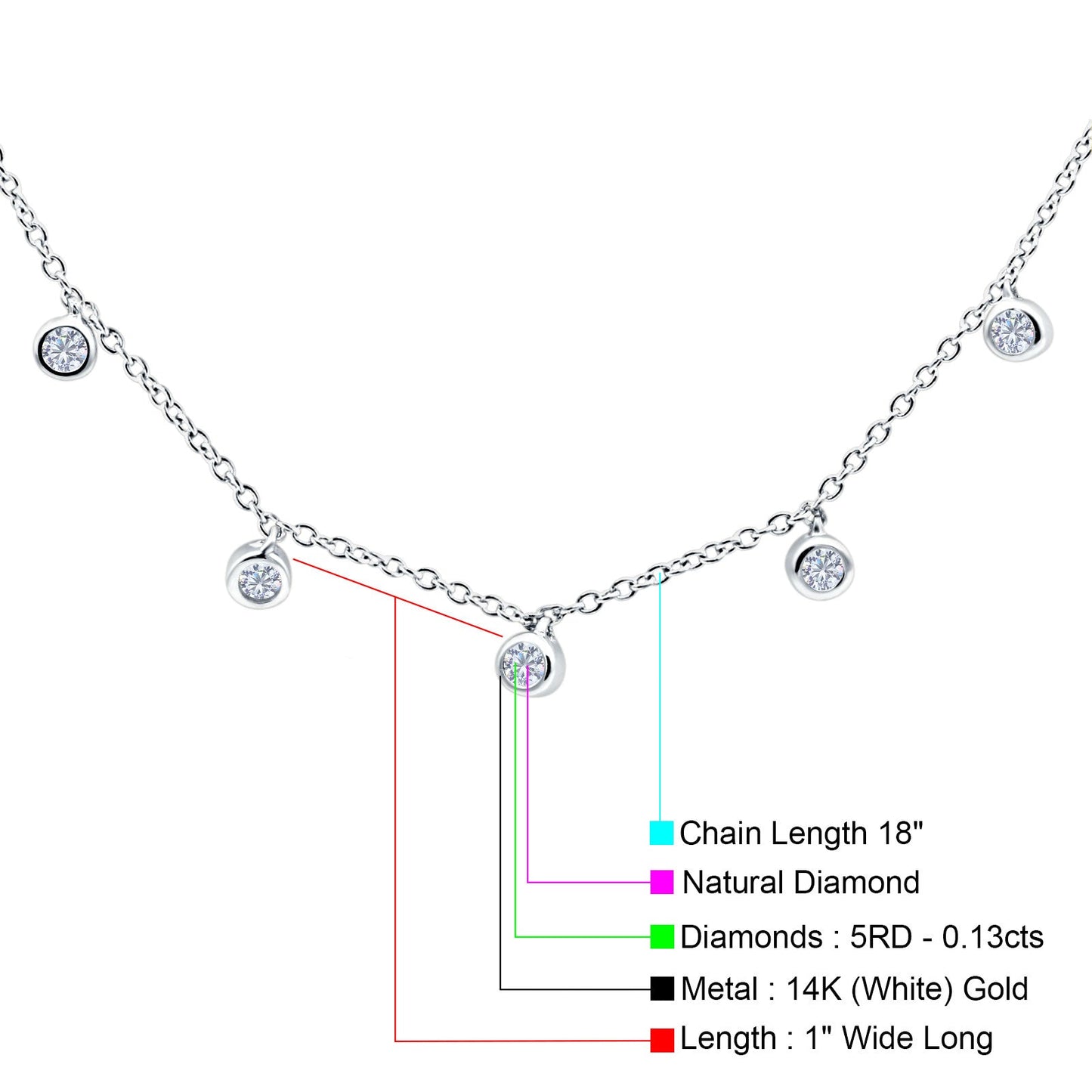 14K White Gold 0.13ct Round Shape Diamond Pendant Chain Necklace 18" Long