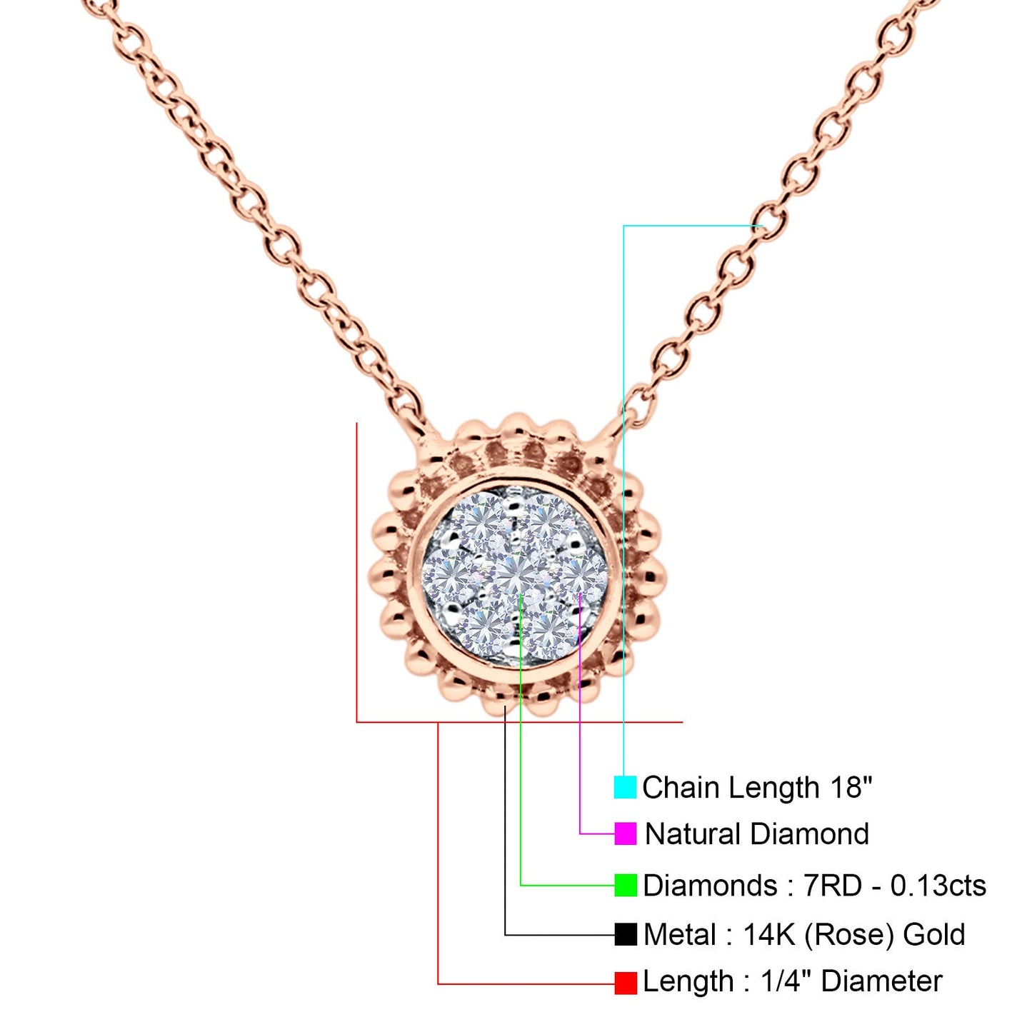 14K Rose Gold 0.13ct Round Shape Diamond Solitaire Pendant Chain Necklace 18" Long